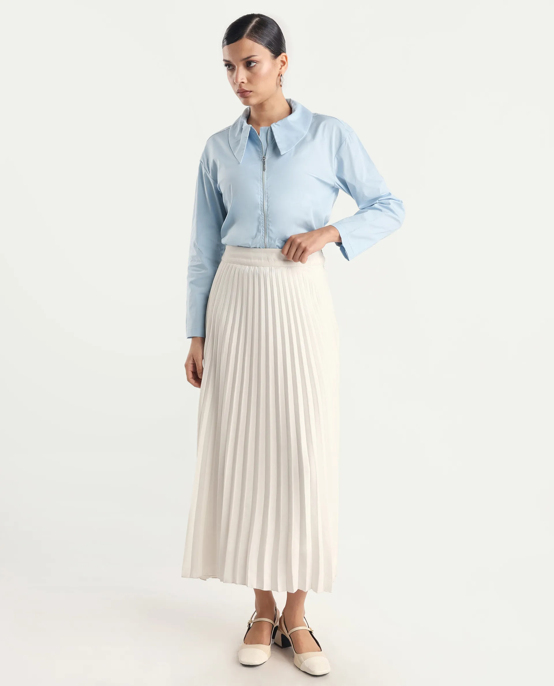 Rareism Women's Xan Light Blue Cotton Spread Collar Plain Regular Fit Top - Image 2