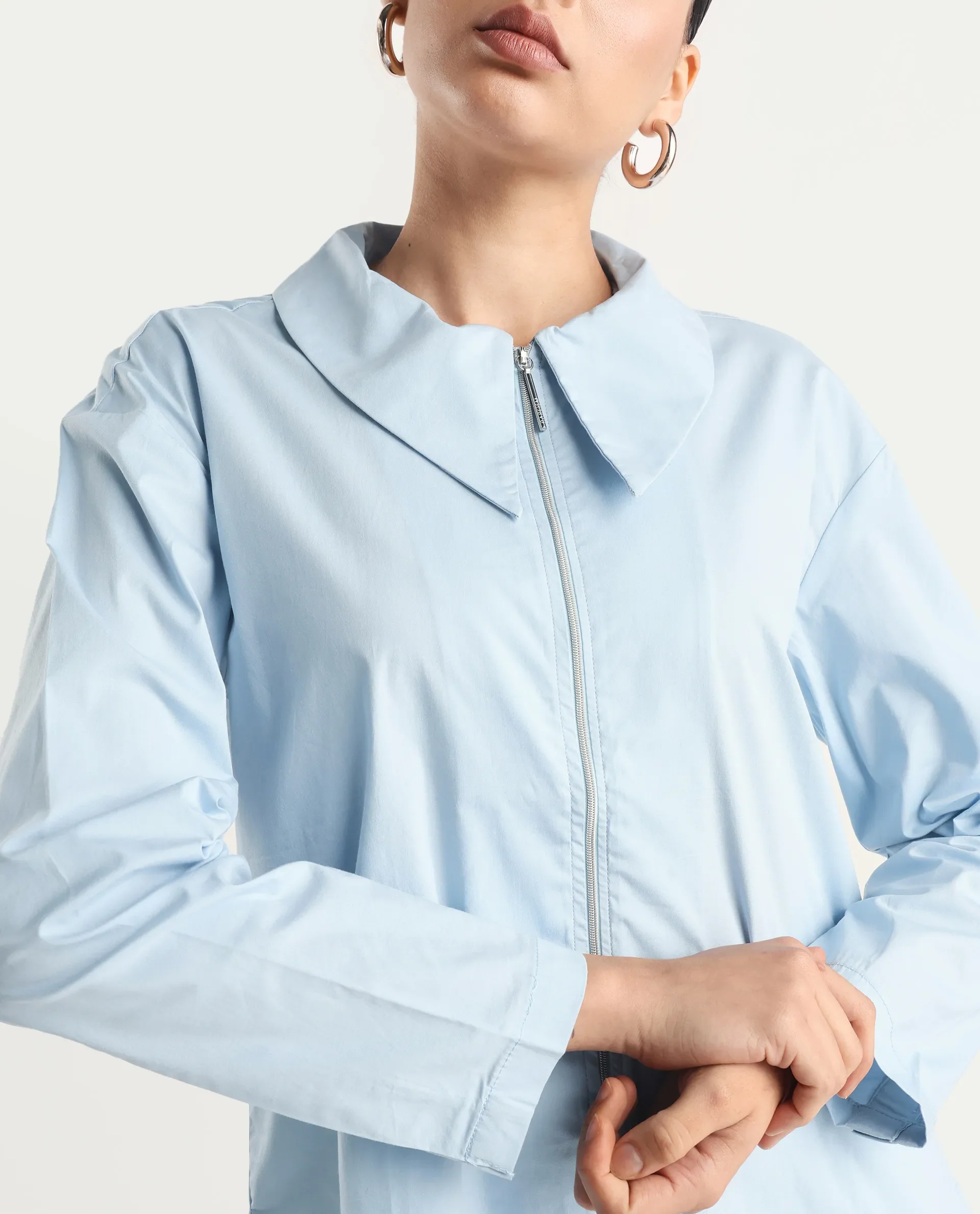Rareism Women's Xan Light Blue Cotton Spread Collar Plain Regular Fit Top - Image 3