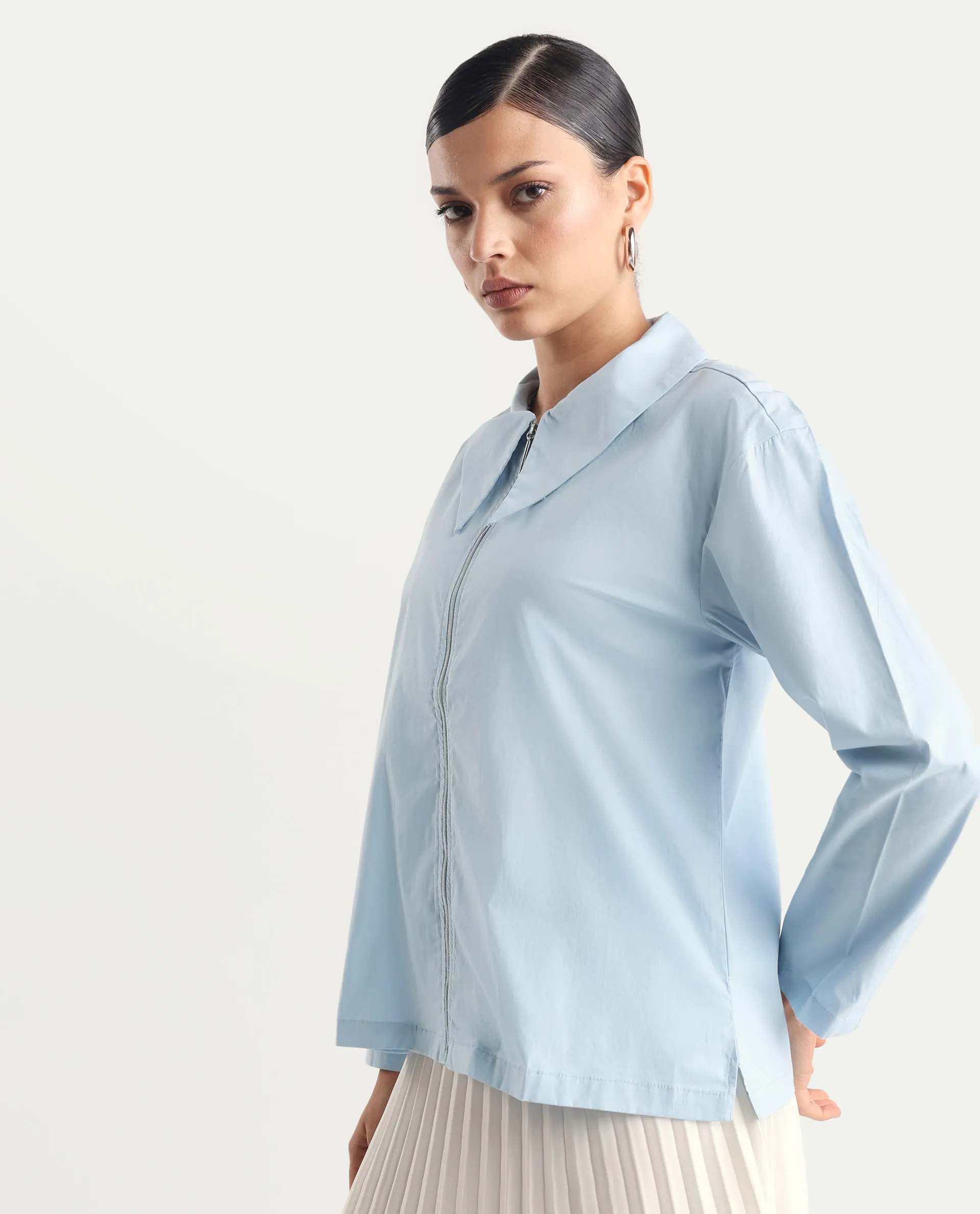 Rareism Women's Xan Light Blue Cotton Spread Collar Plain Regular Fit Top - Image 4