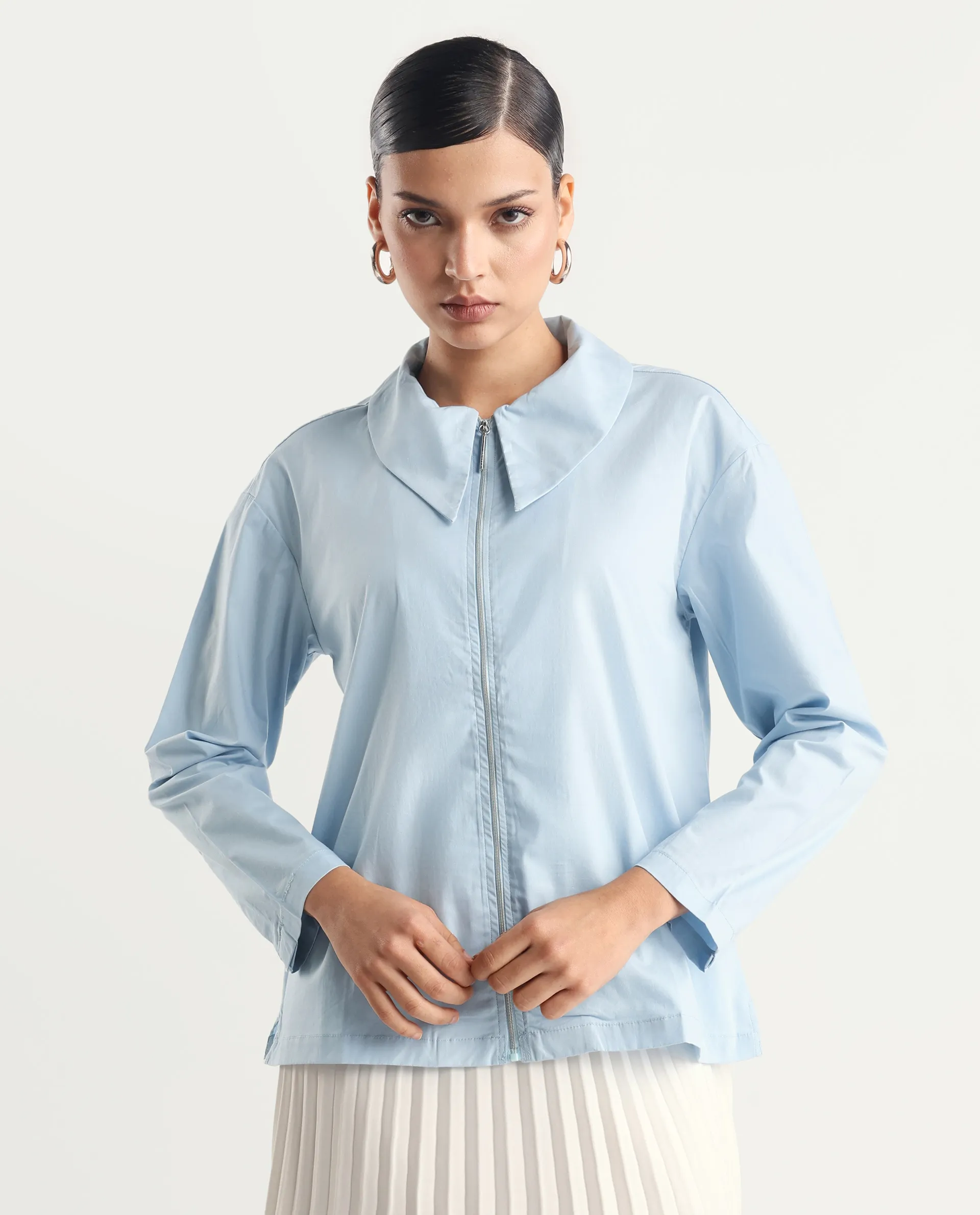 Rareism Women's Xan Light Blue Cotton Spread Collar Plain Regular Fit Top - Image 5