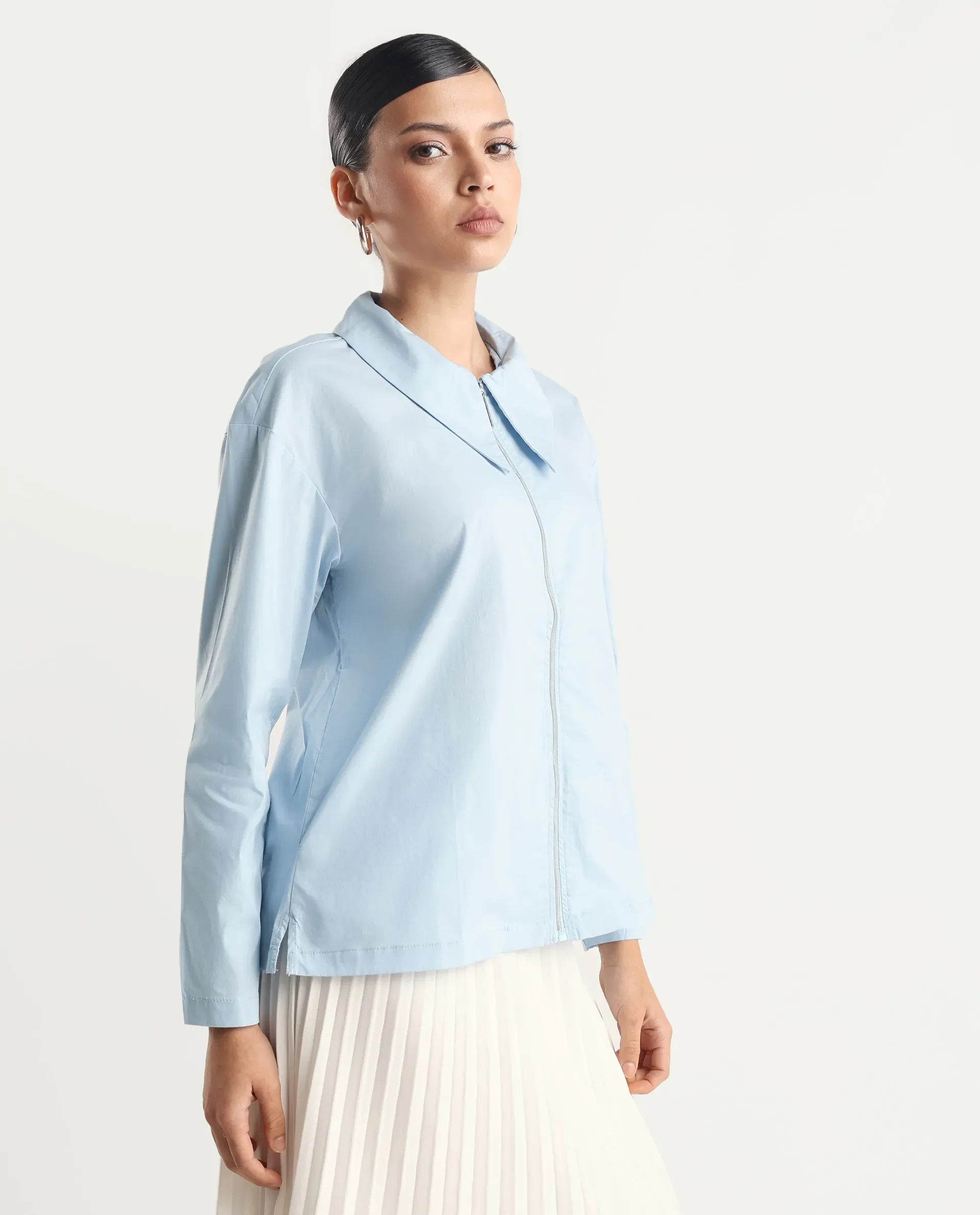 Rareism Women's Xan Light Blue Cotton Spread Collar Plain Regular Fit Top - Image 6