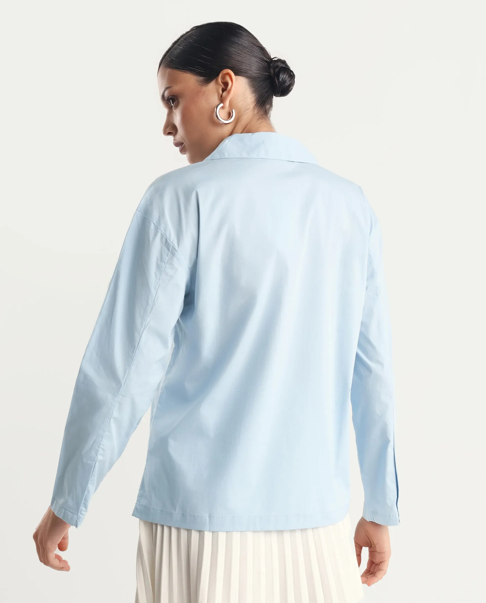 Rareism Women's Xan Light Blue Cotton Spread Collar Plain Regular Fit Top - Image 7