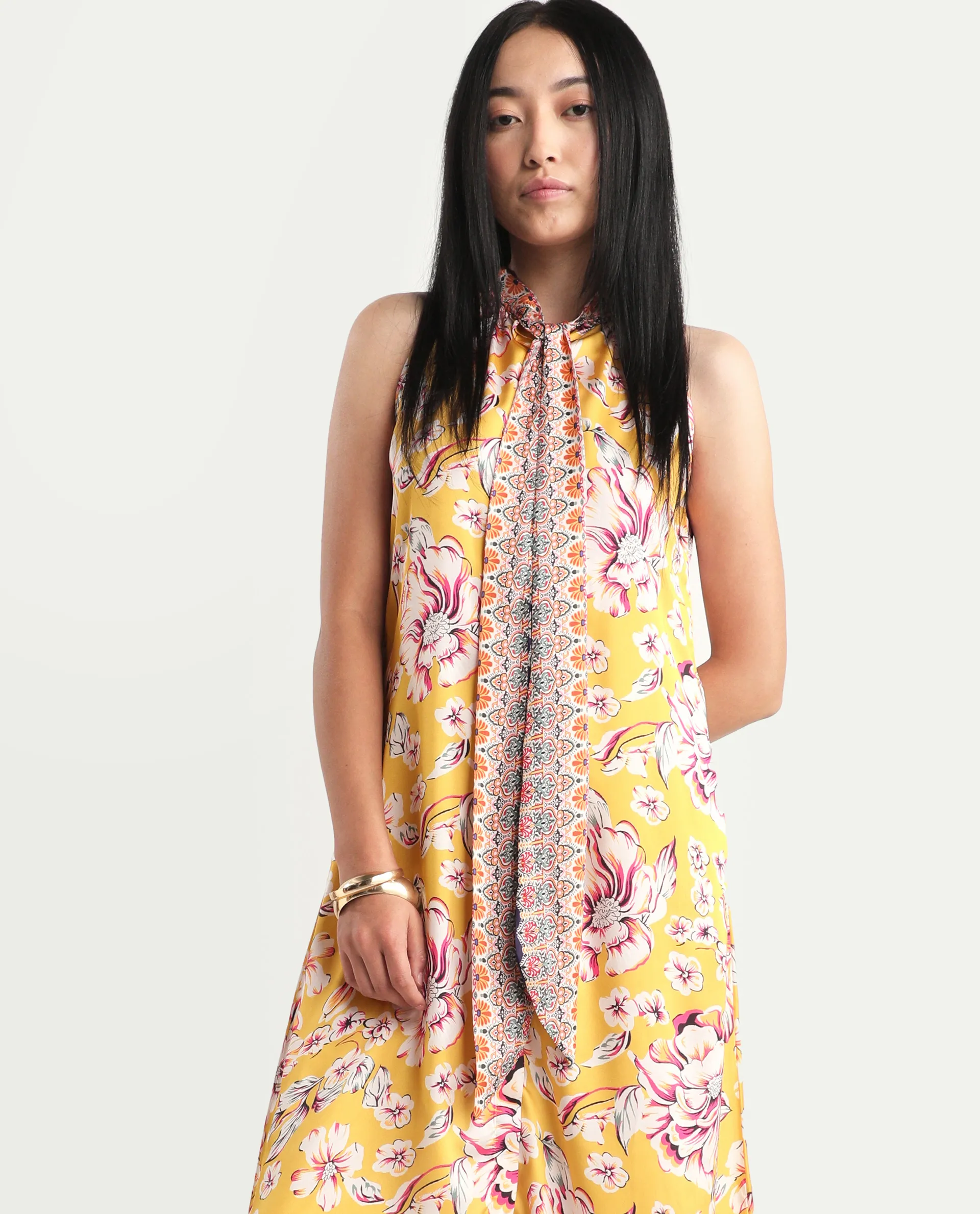 Rareism Women's Xander Yellow Polyester Tie-Up Neck Floral Print Sleeveless Maxi Regular Fit Dress - Image 2