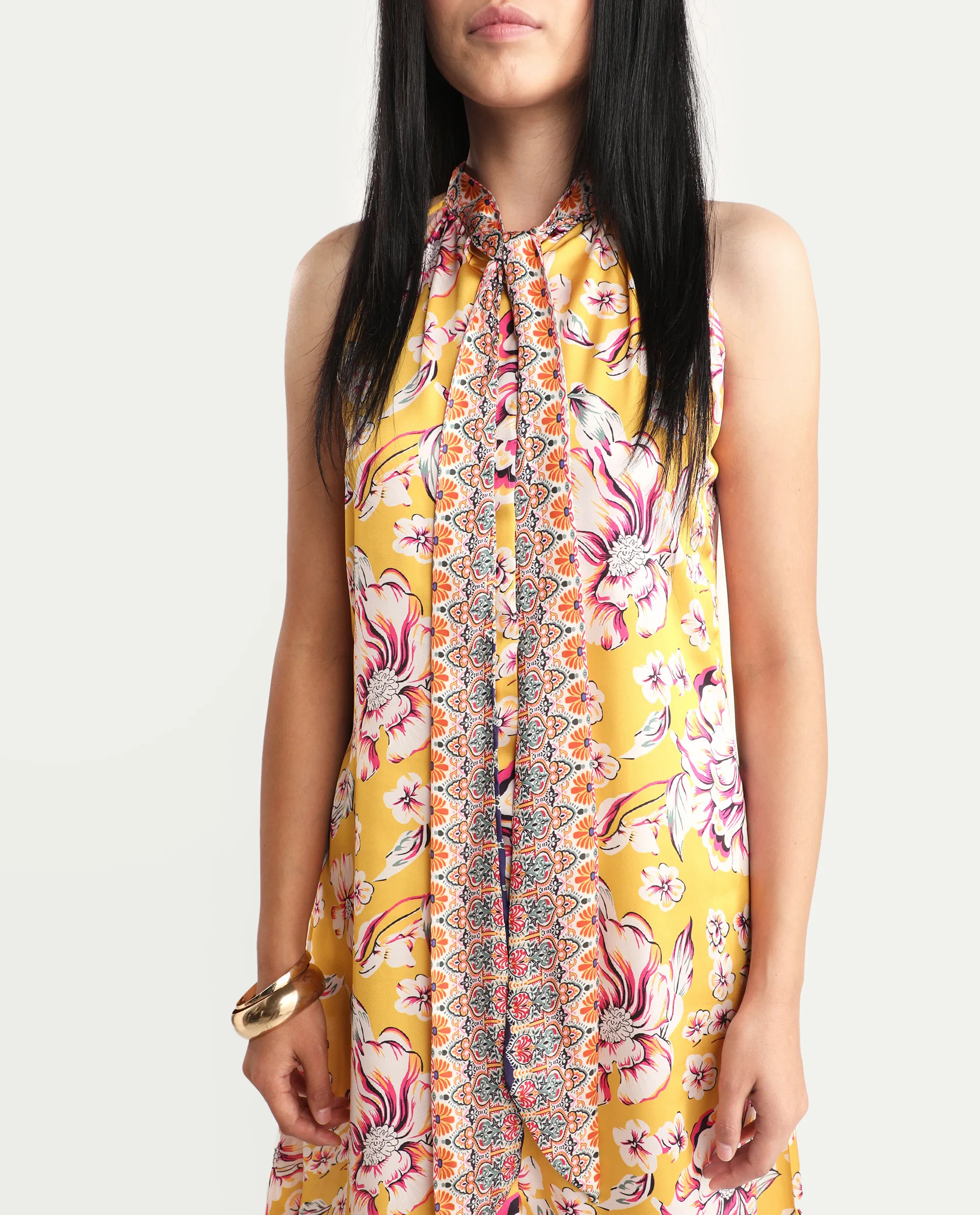 Rareism Women's Xander Yellow Polyester Tie-Up Neck Floral Print Sleeveless Maxi Regular Fit Dress - Image 3
