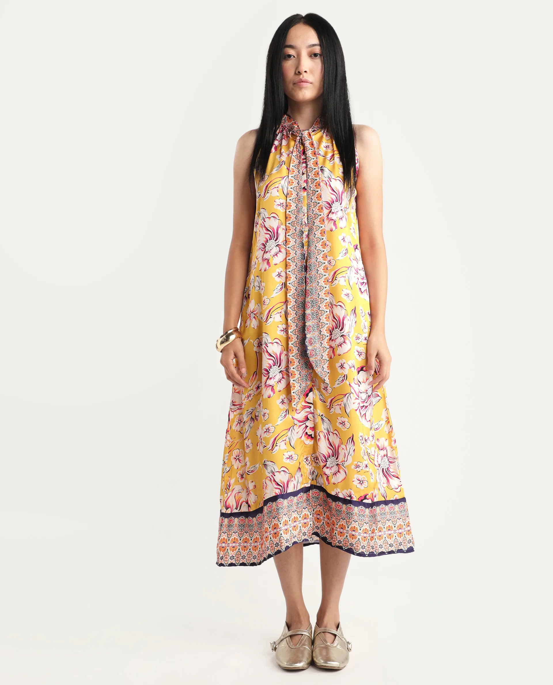 Rareism Women's Xander Yellow Polyester Tie-Up Neck Floral Print Sleeveless Maxi Regular Fit Dress - Image 4