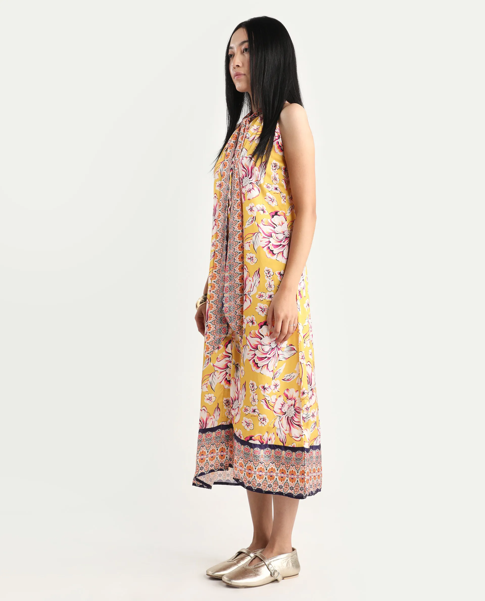 Rareism Women's Xander Yellow Polyester Tie-Up Neck Floral Print Sleeveless Maxi Regular Fit Dress - Image 5
