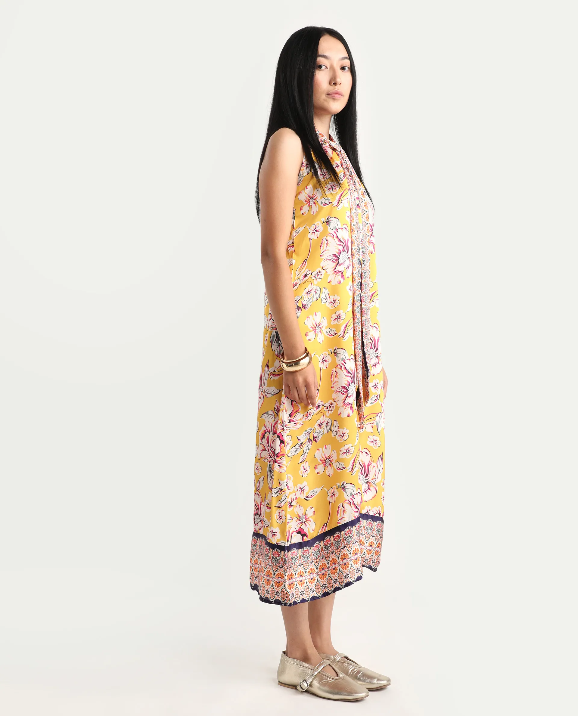Rareism Women's Xander Yellow Polyester Tie-Up Neck Floral Print Sleeveless Maxi Regular Fit Dress - Image 6