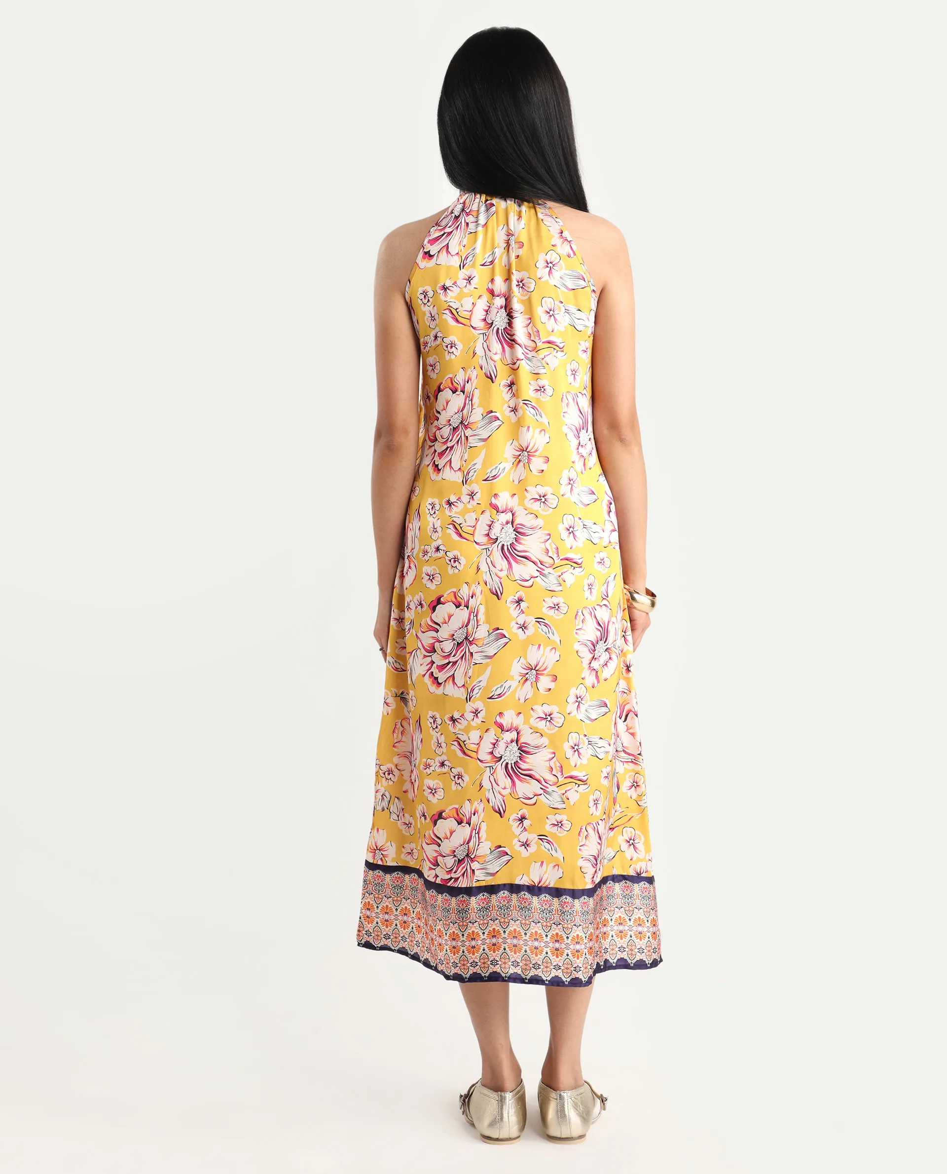 Rareism Women's Xander Yellow Polyester Tie-Up Neck Floral Print Sleeveless Maxi Regular Fit Dress - Image 7