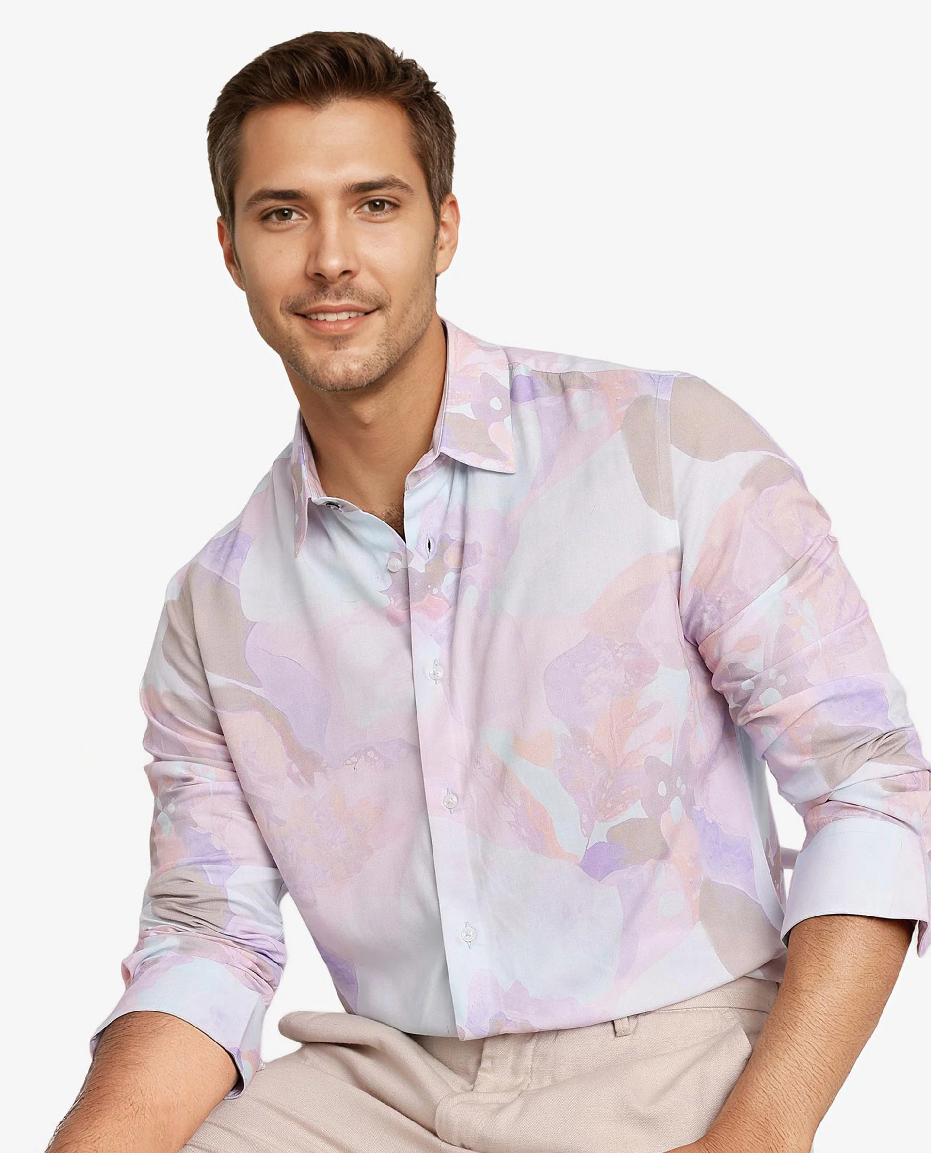 Rare Rabbit Men's Xano Pastel Blue Viscose Abstract Print Regular Fit Full Sleeve Collared Shirt