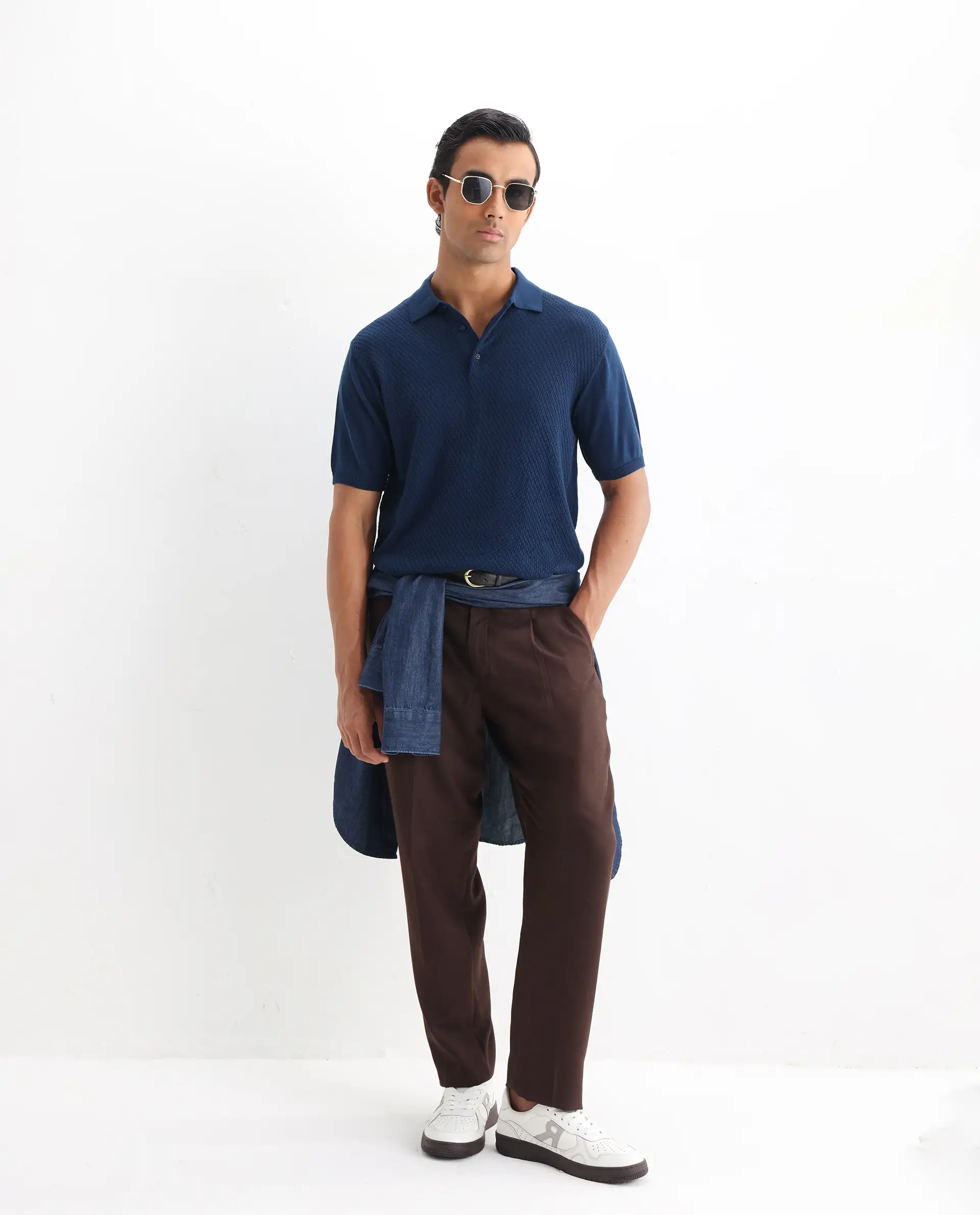 Rare Rabbit Men's Xas Blue Cotton Textured Regular Fit Half Sleeve Polo - Image 2