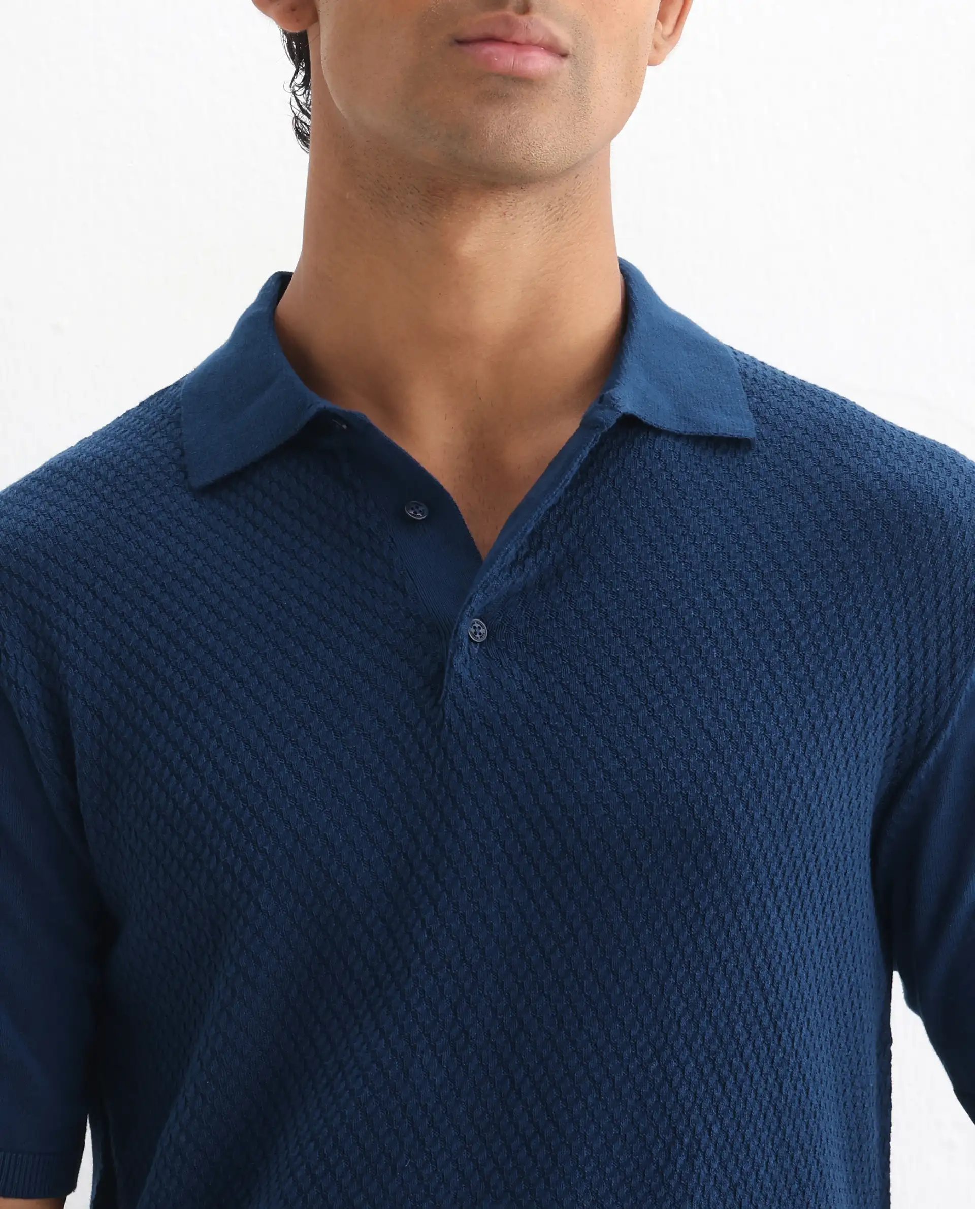 Rare Rabbit Men's Xas Blue Cotton Textured Regular Fit Half Sleeve Polo - Image 3