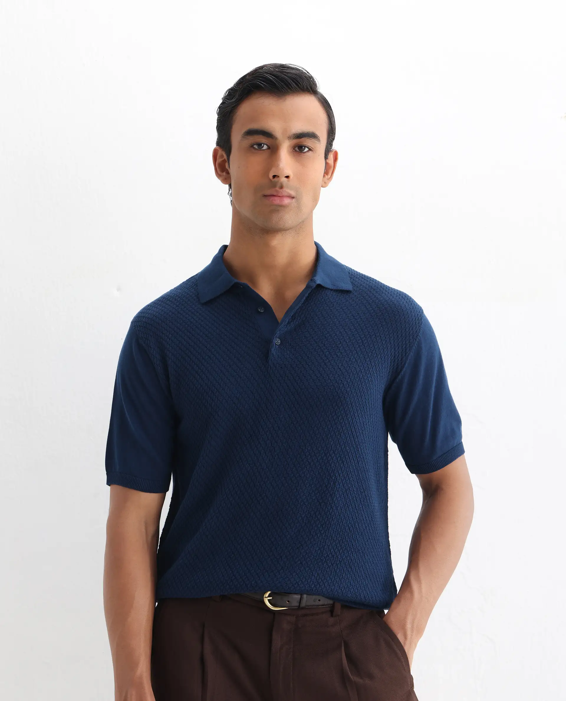 Rare Rabbit Men's Xas Blue Cotton Textured Regular Fit Half Sleeve Polo - Image 4
