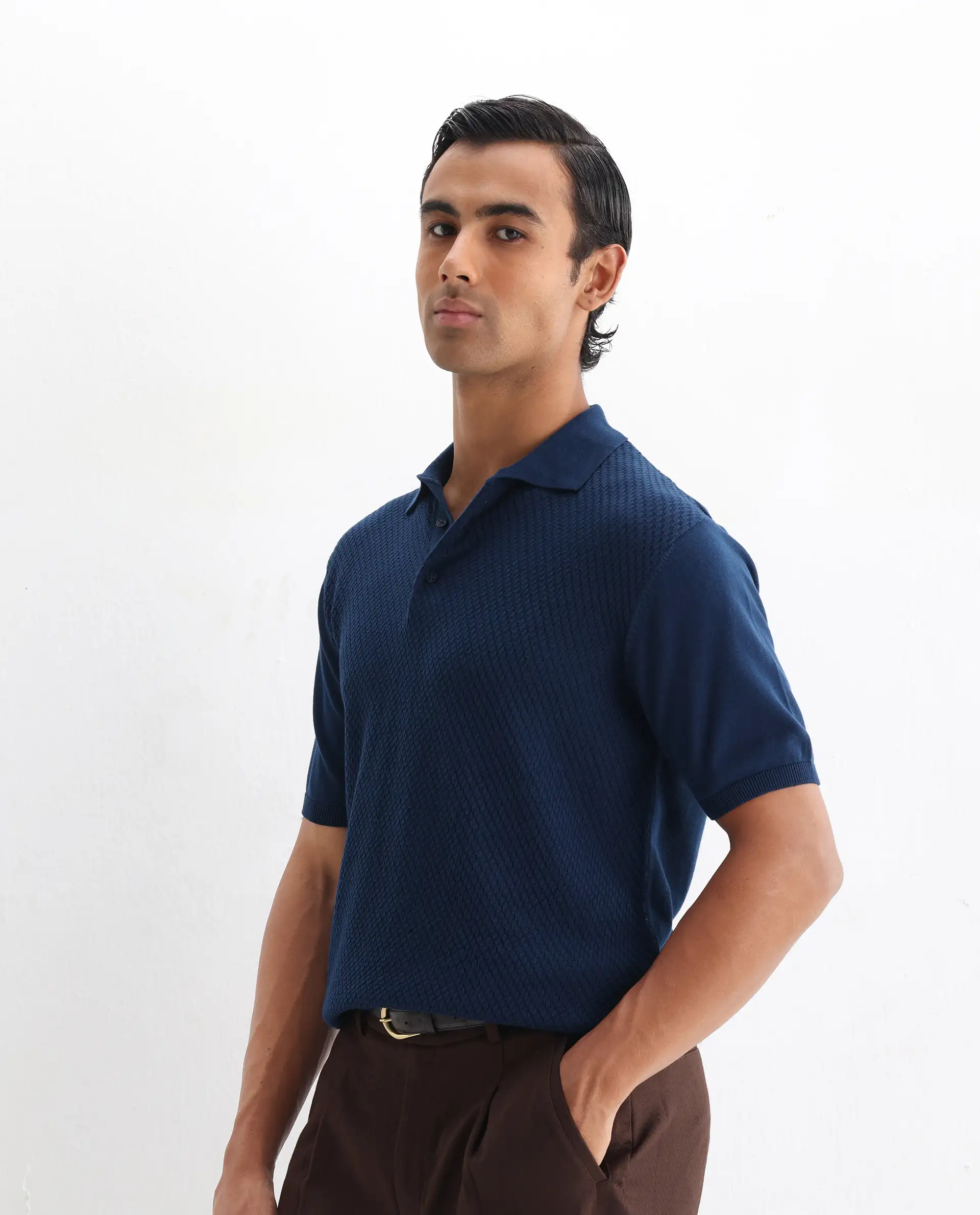 Rare Rabbit Men's Xas Blue Cotton Textured Regular Fit Half Sleeve Polo - Image 5