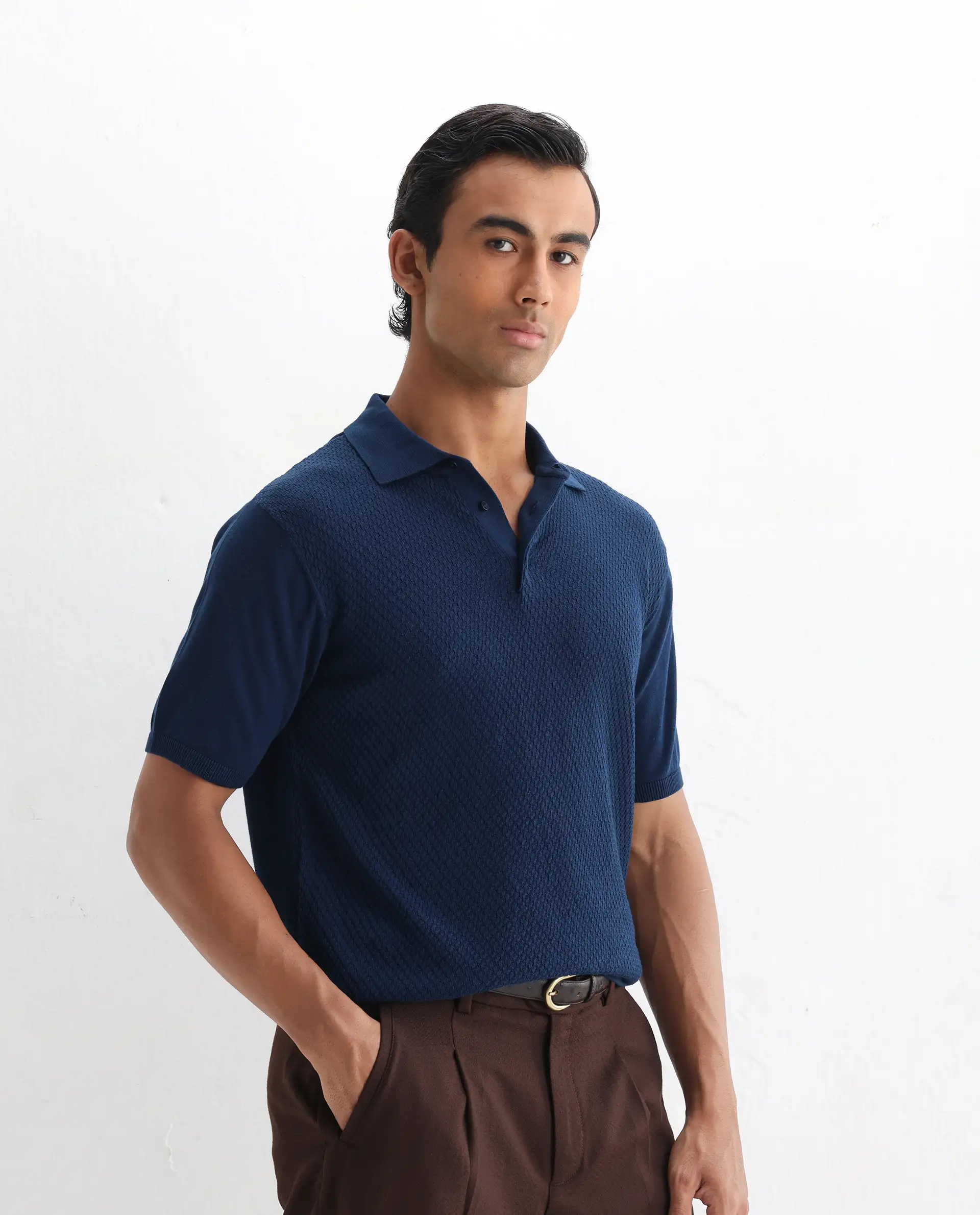 Rare Rabbit Men's Xas Blue Cotton Textured Regular Fit Half Sleeve Polo - Image 6
