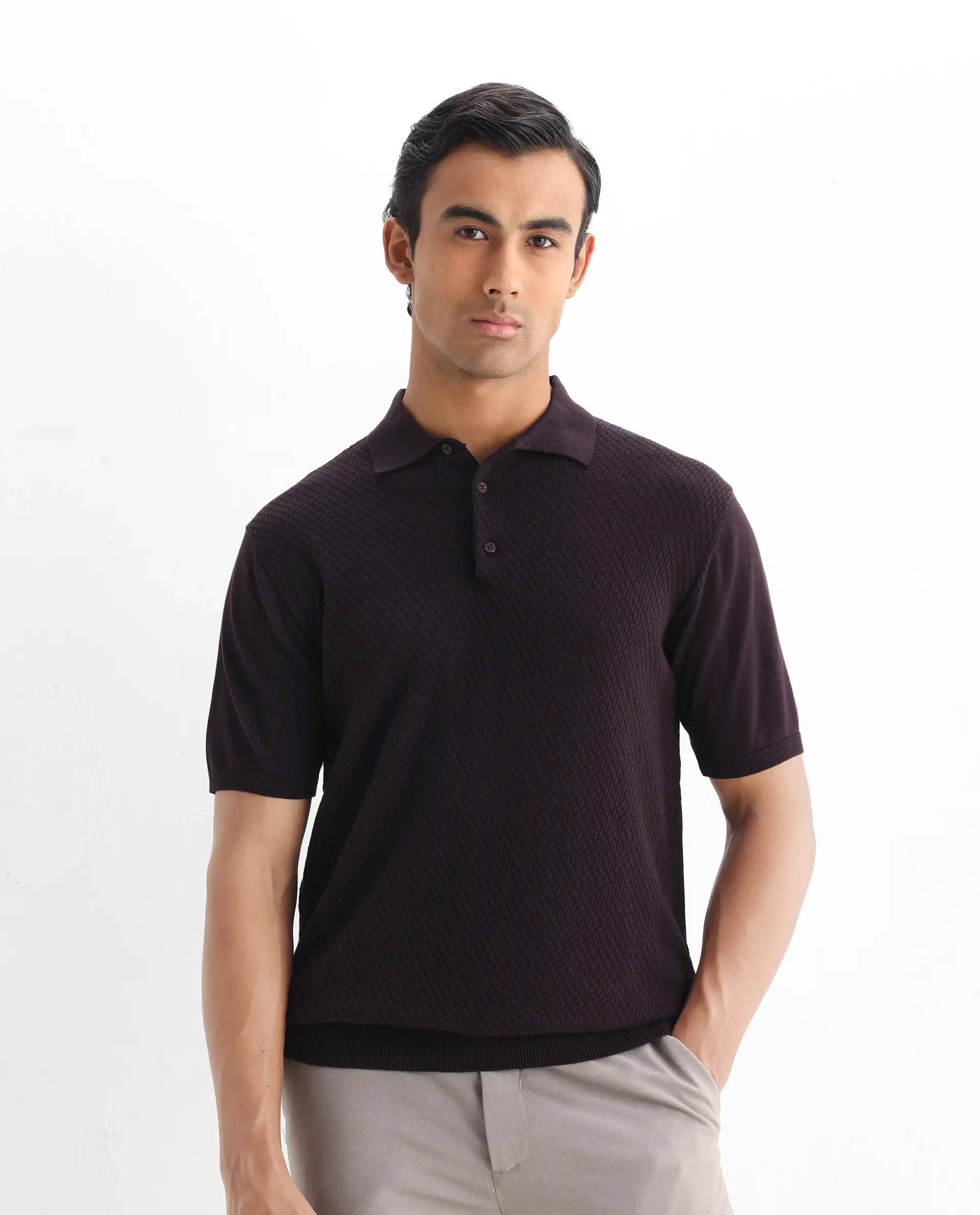 Rare Rabbit Men's Xas Dark Brown Cotton Plain Regular Fit Half Sleeve Polo - Image 4