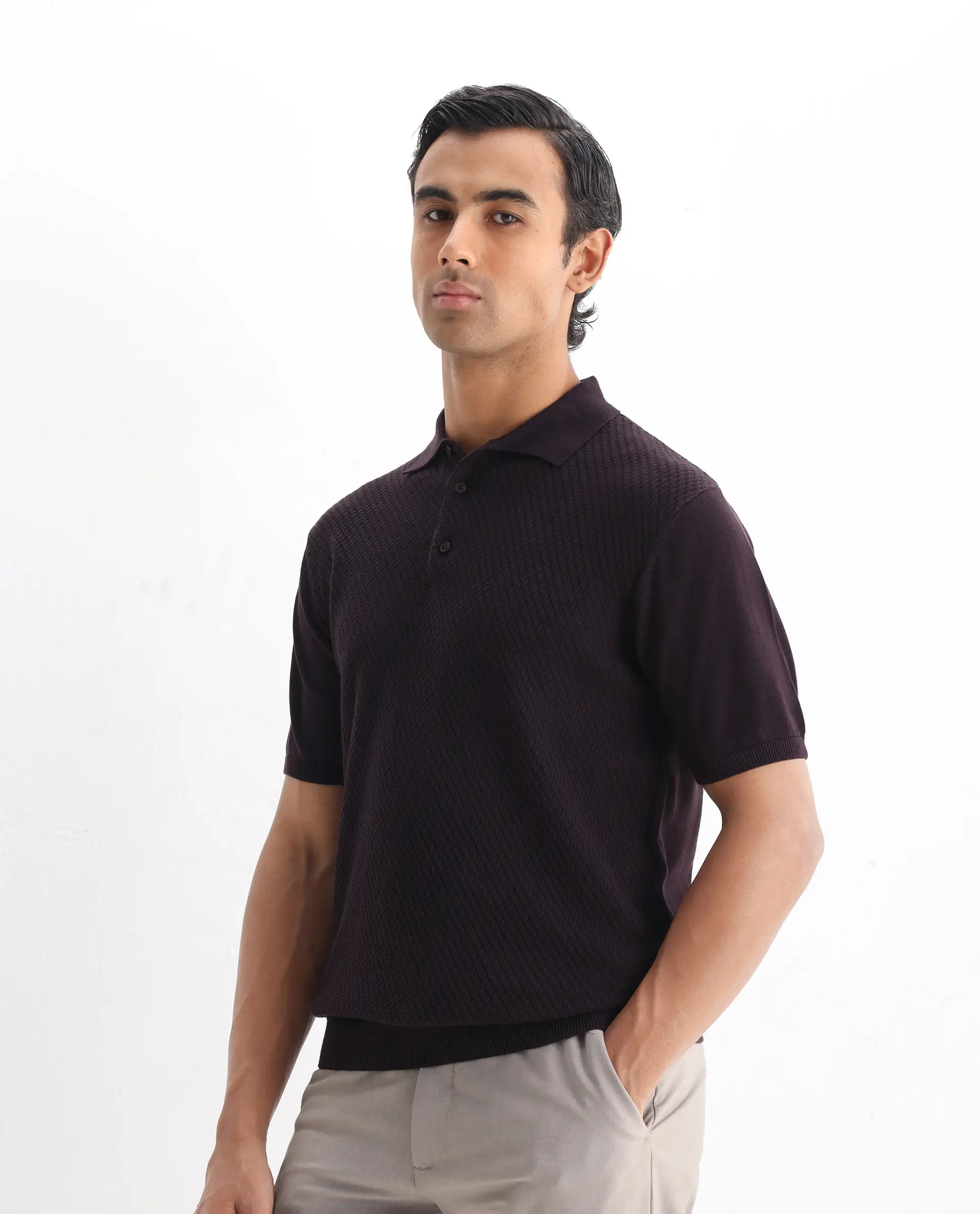 Rare Rabbit Men's Xas Dark Brown Cotton Plain Regular Fit Half Sleeve Polo - Image 5