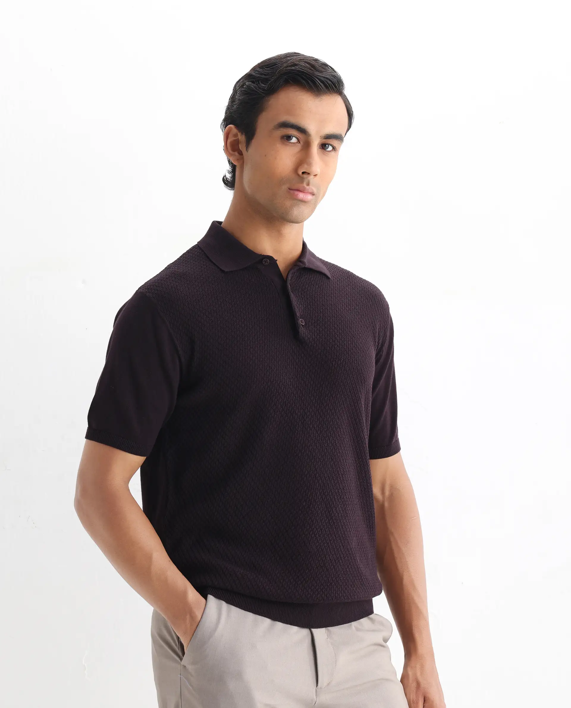 Rare Rabbit Men's Xas Dark Brown Cotton Plain Regular Fit Half Sleeve Polo - Image 6
