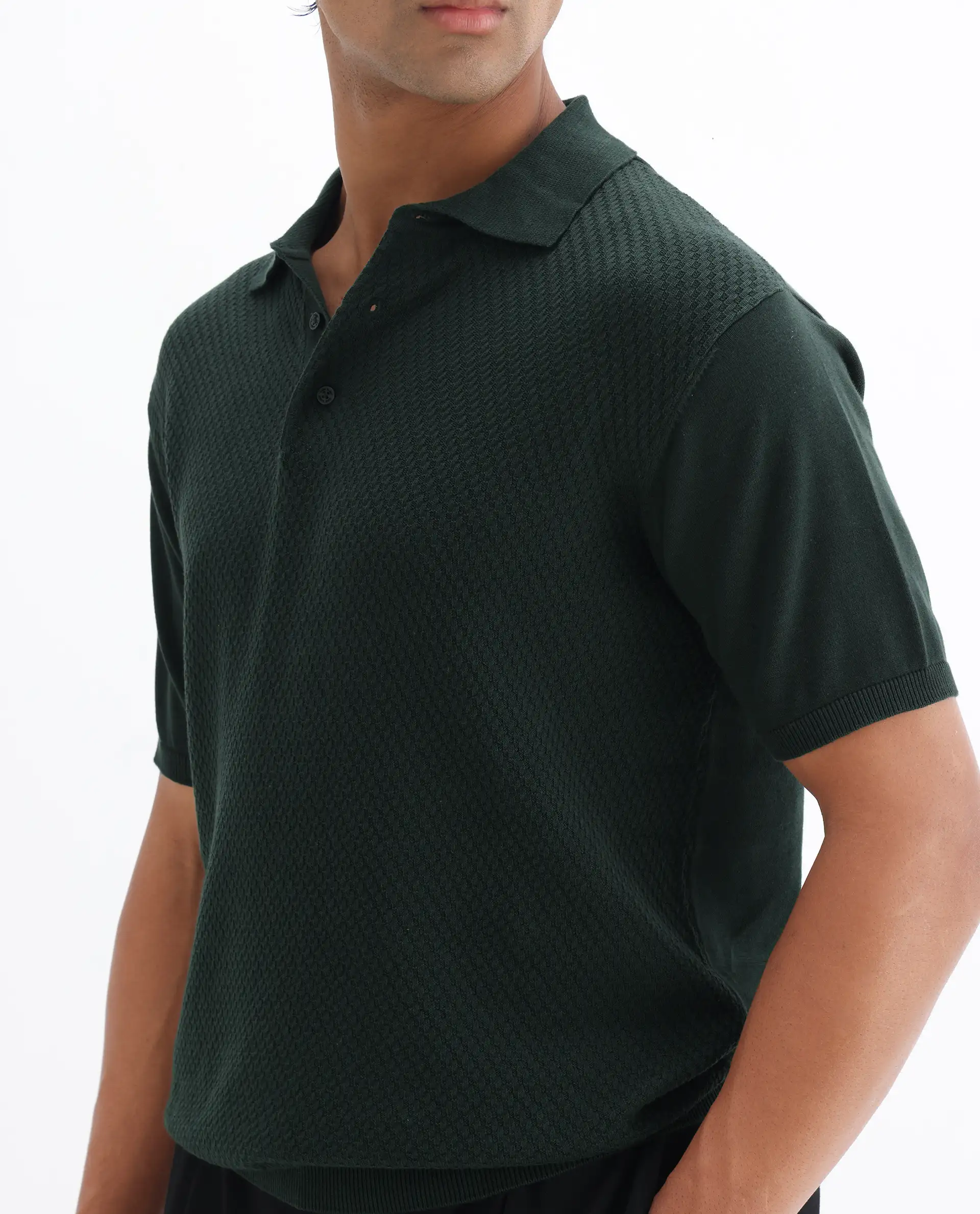 Rare Rabbit Men's Xas Dark Green Cotton Textured Regular Fit Half Sleeve Polo - Image 3