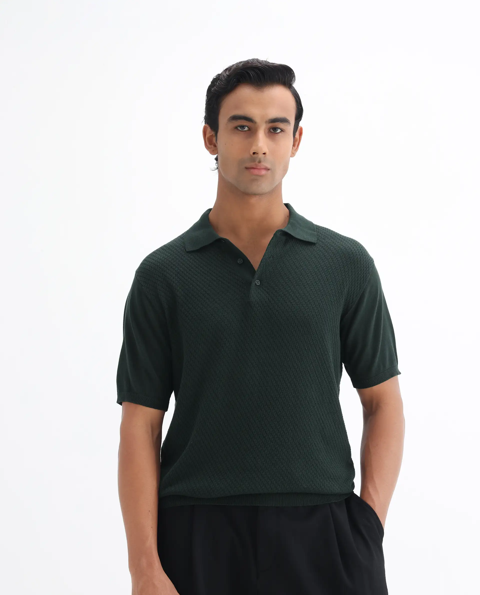 Rare Rabbit Men's Xas Dark Green Cotton Textured Regular Fit Half Sleeve Polo - Image 4