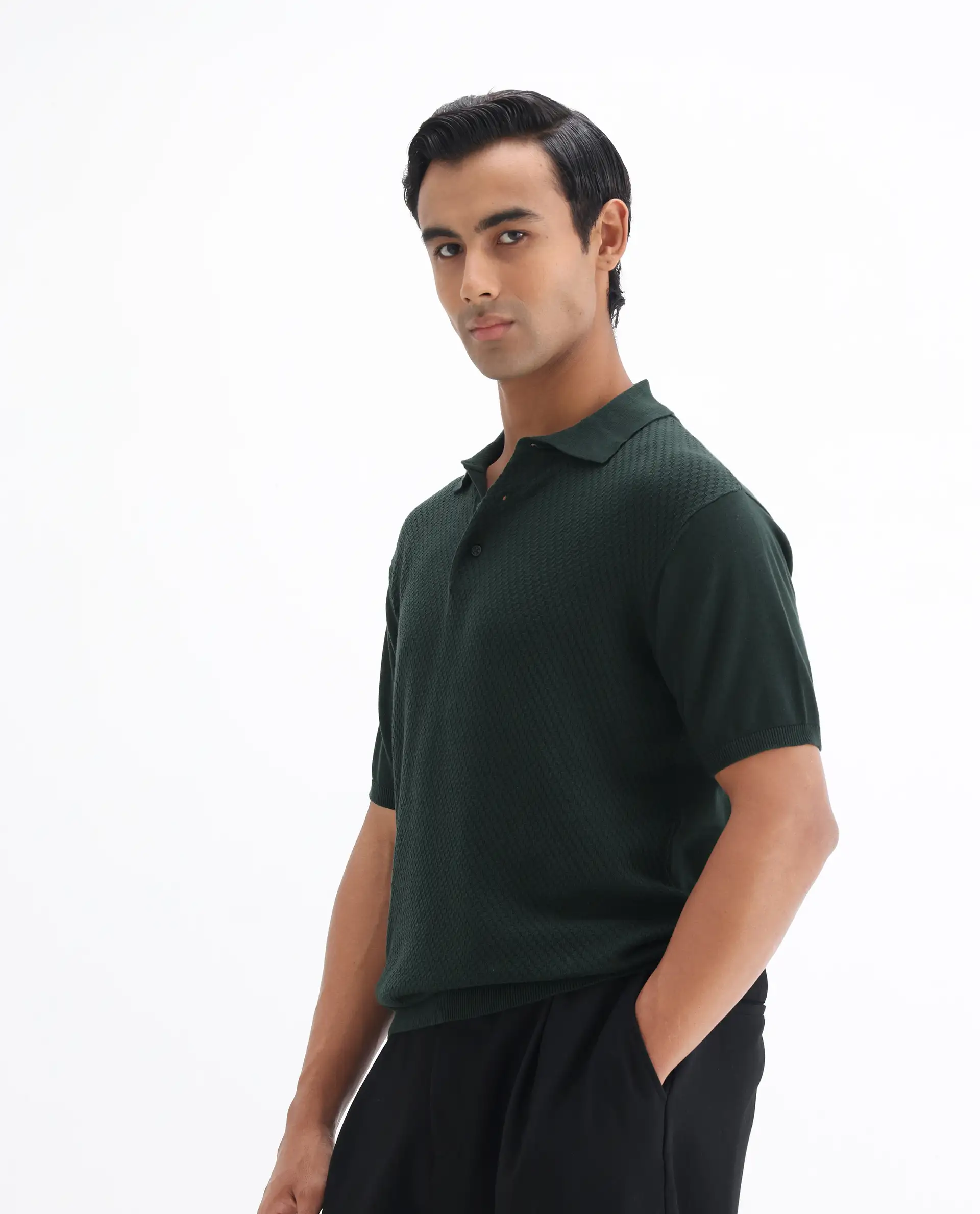 Rare Rabbit Men's Xas Dark Green Cotton Textured Regular Fit Half Sleeve Polo - Image 5