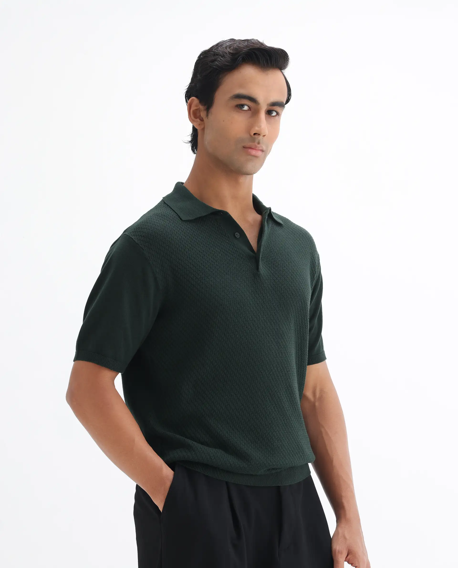 Rare Rabbit Men's Xas Dark Green Cotton Textured Regular Fit Half Sleeve Polo - Image 6