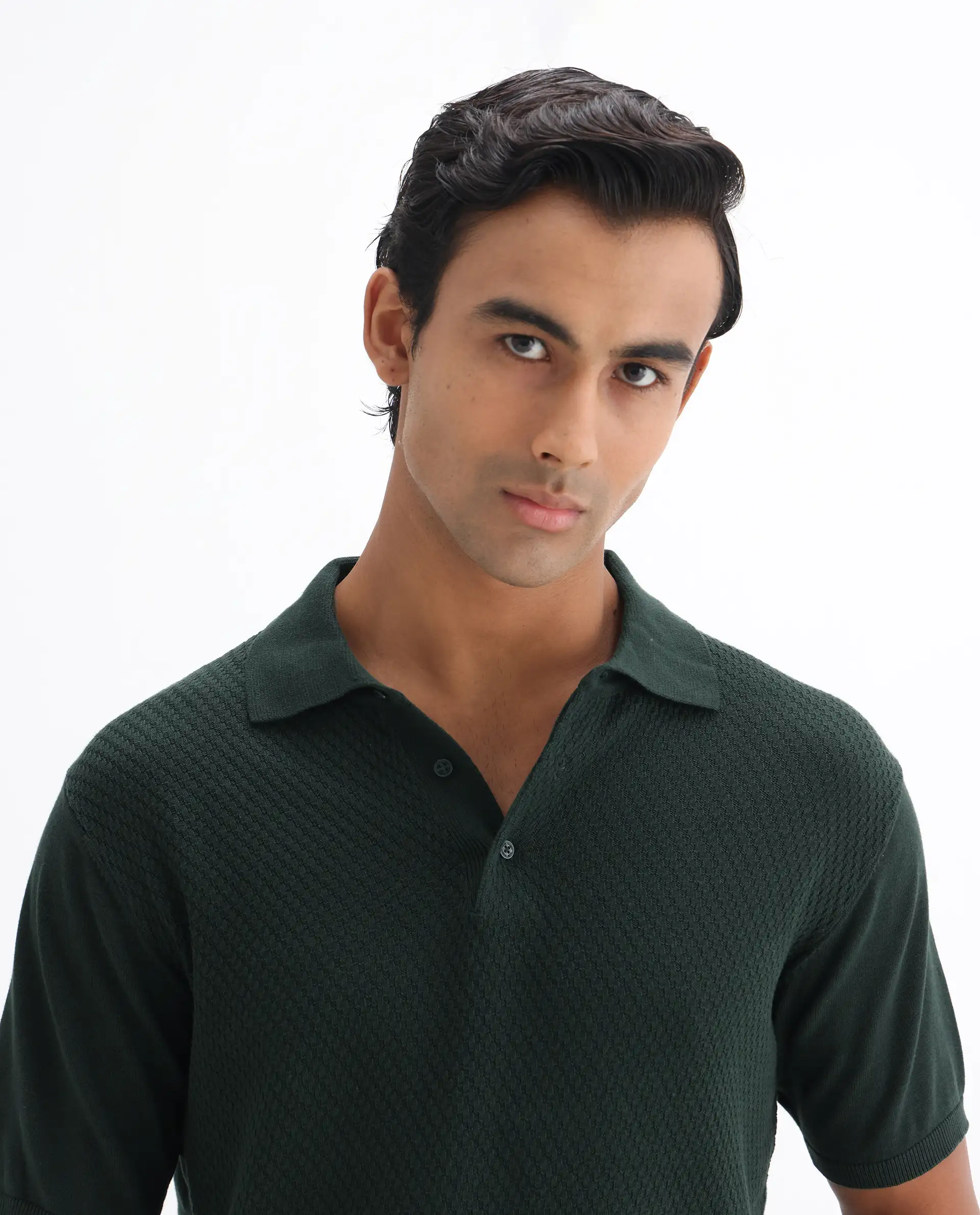 Rare Rabbit Men's Xas Dark Green Cotton Textured Regular Fit Half Sleeve Polo - Image 7