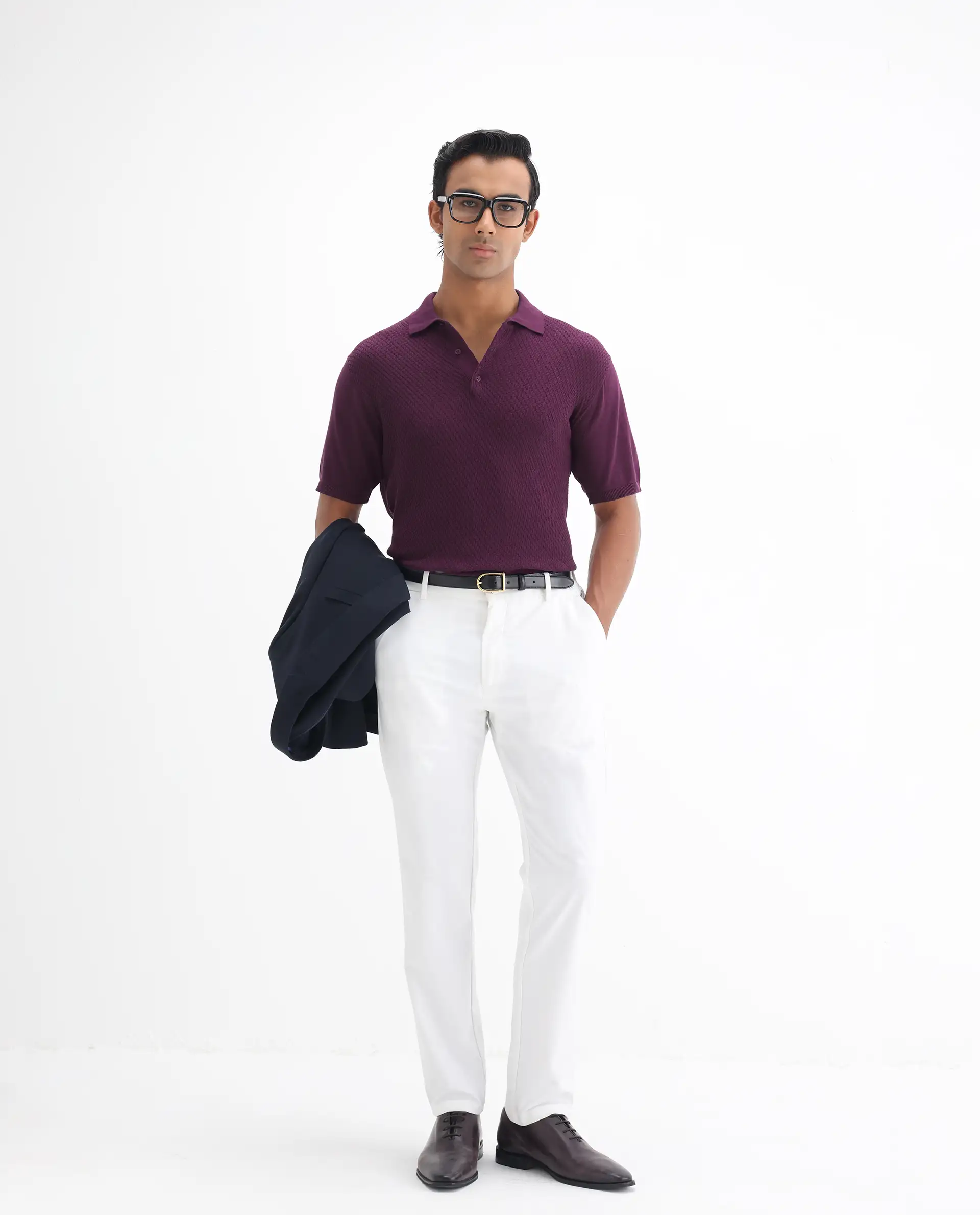 Rare Rabbit Men's Xas Dark Purple Cotton Textured Regular Fit Half Sleeve Polo - Image 2