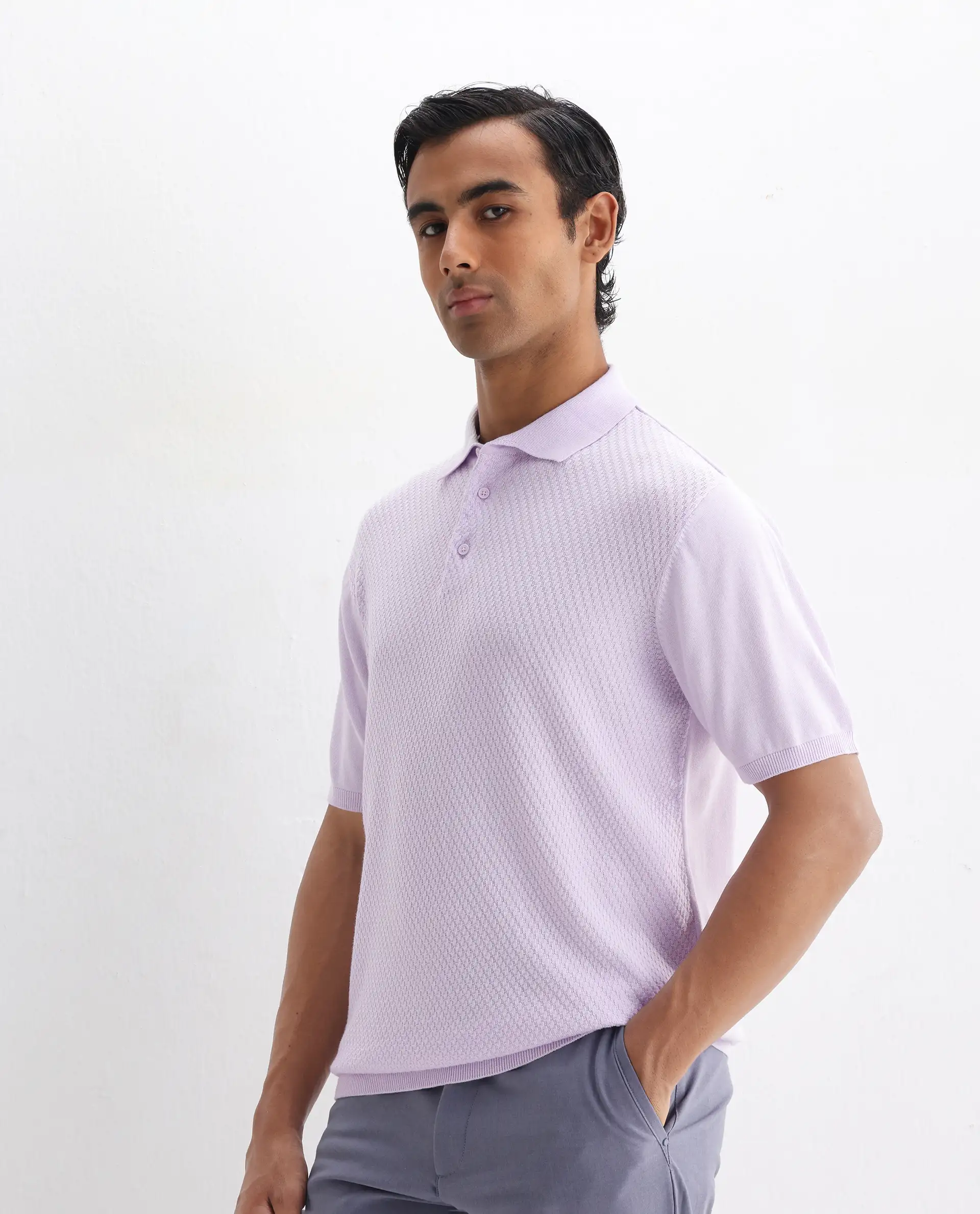 Rare Rabbit Men's Xas Pastel Purple Cotton Textured Regular Fit Half Sleeve Polo - Image 4