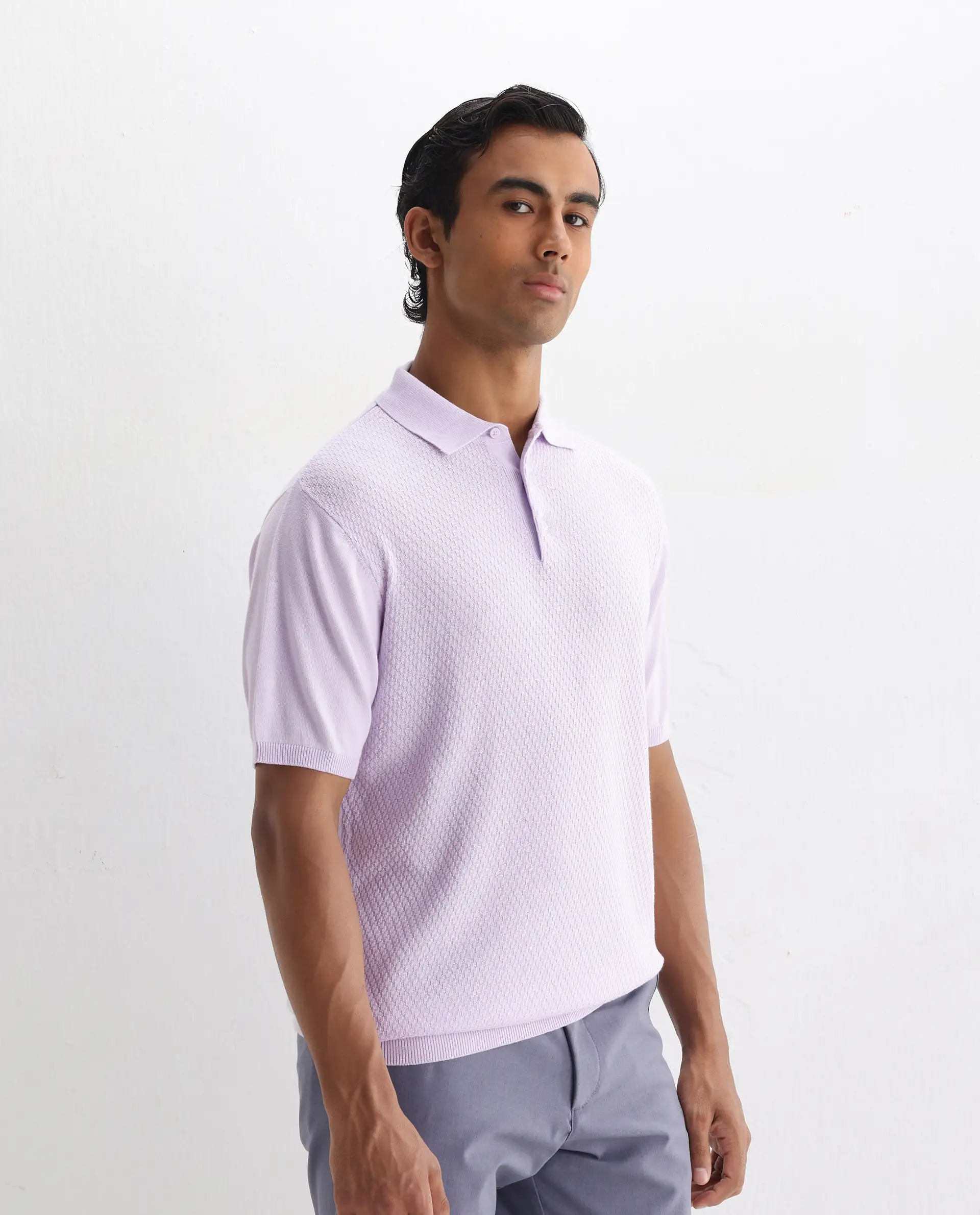 Rare Rabbit Men's Xas Pastel Purple Cotton Textured Regular Fit Half Sleeve Polo - Image 5
