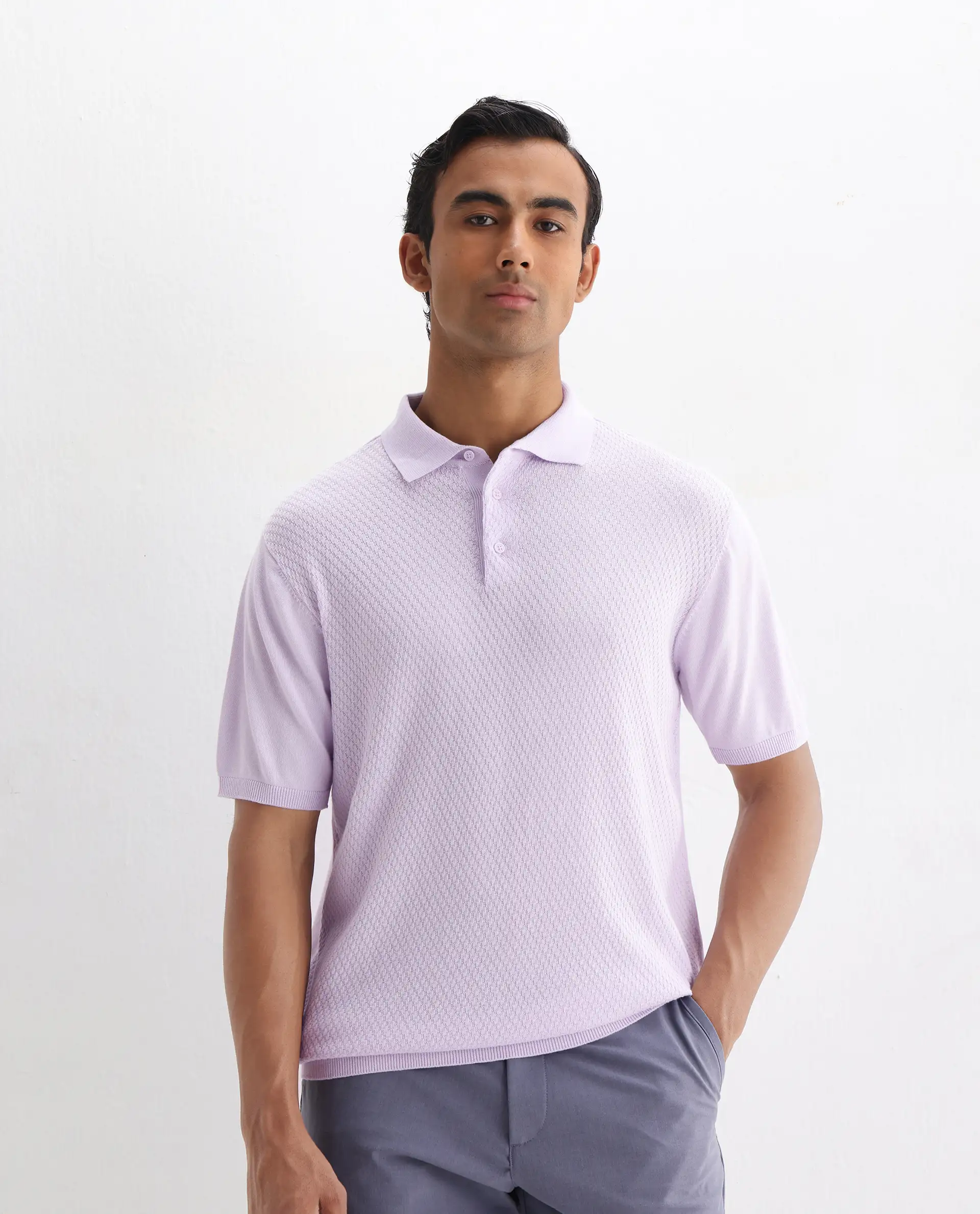 Rare Rabbit Men's Xas Pastel Purple Cotton Textured Regular Fit Half Sleeve Polo - Image 6