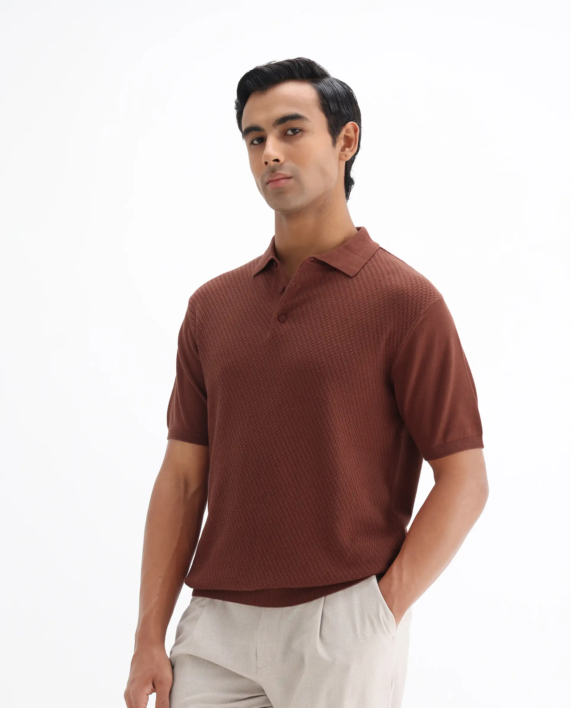 Rare Rabbit Men's Xas Rust Cotton Plain Regular Fit Half Sleeve Polo - Image 4