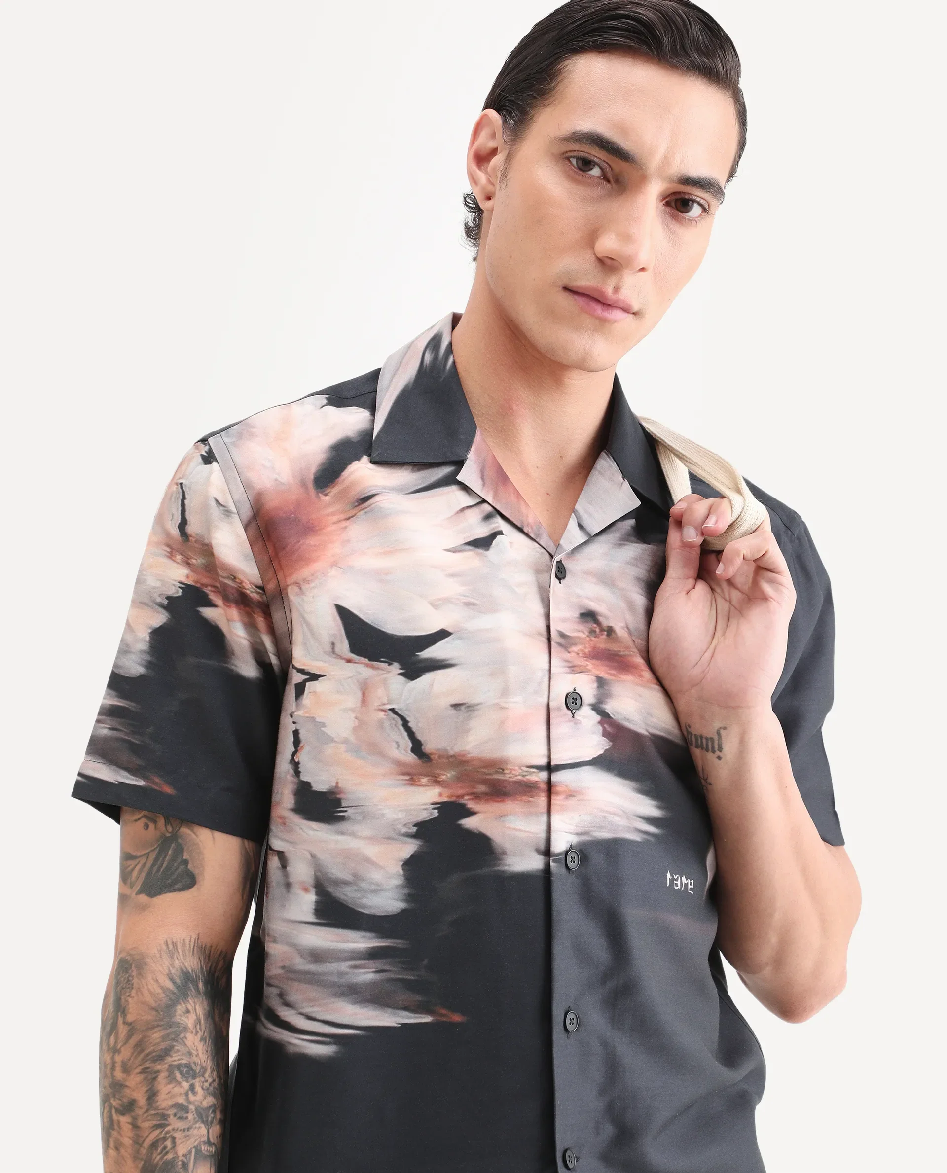 Rare Rabbit Men's Xava Black Cotton Blend Fabric Half Sleeve Regular Fit Floral Print Shirt