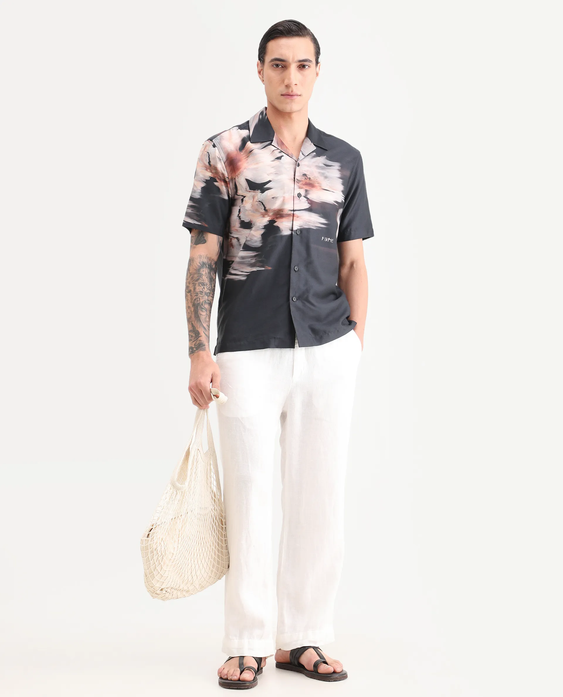 Rare Rabbit Men's Xava Black Cotton Blend Fabric Half Sleeve Regular Fit Floral Print Shirt - Image 2