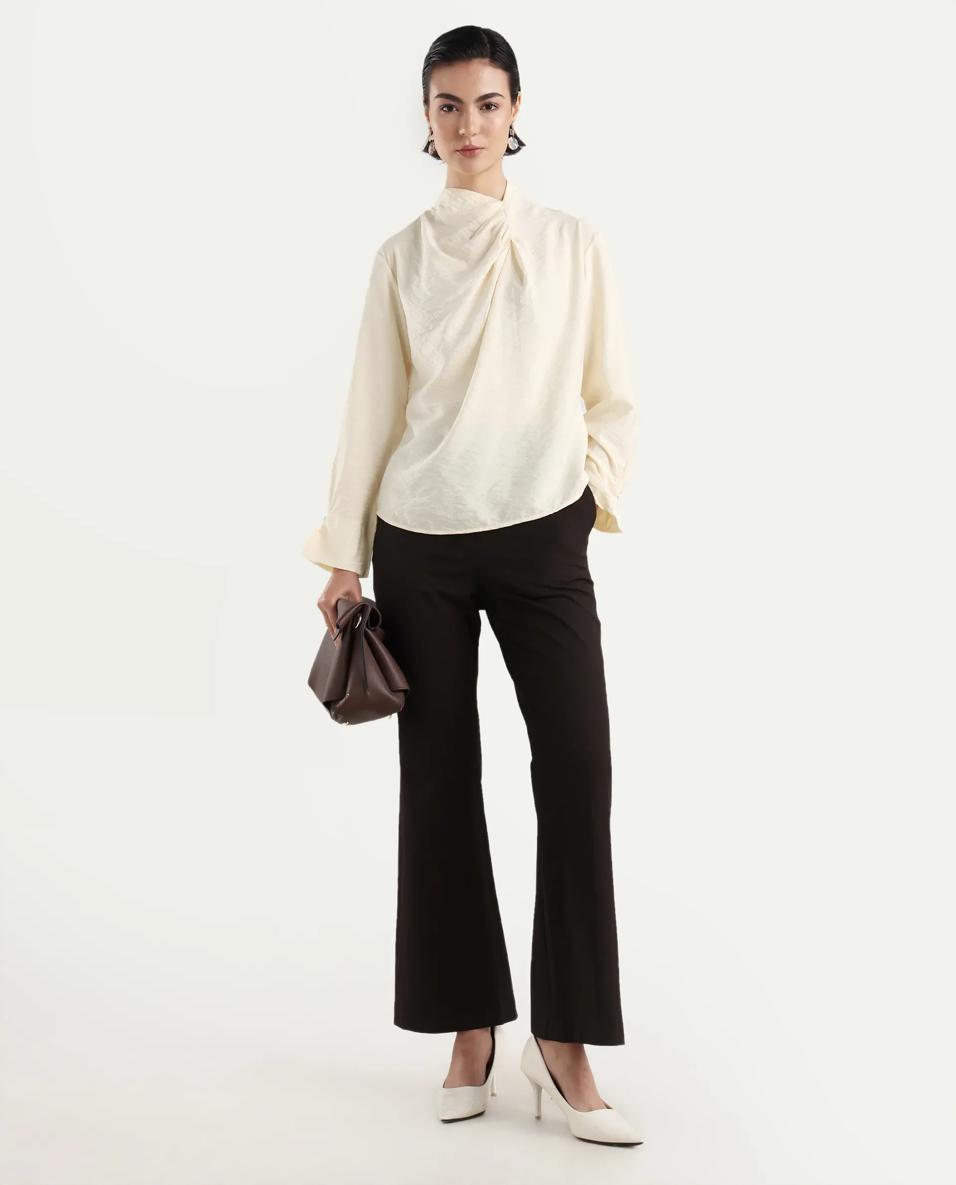 Rareism Women's Xave Beige Nylon Nylon Blend Spread Collar Plain Regular Fit Shirt - Image 2