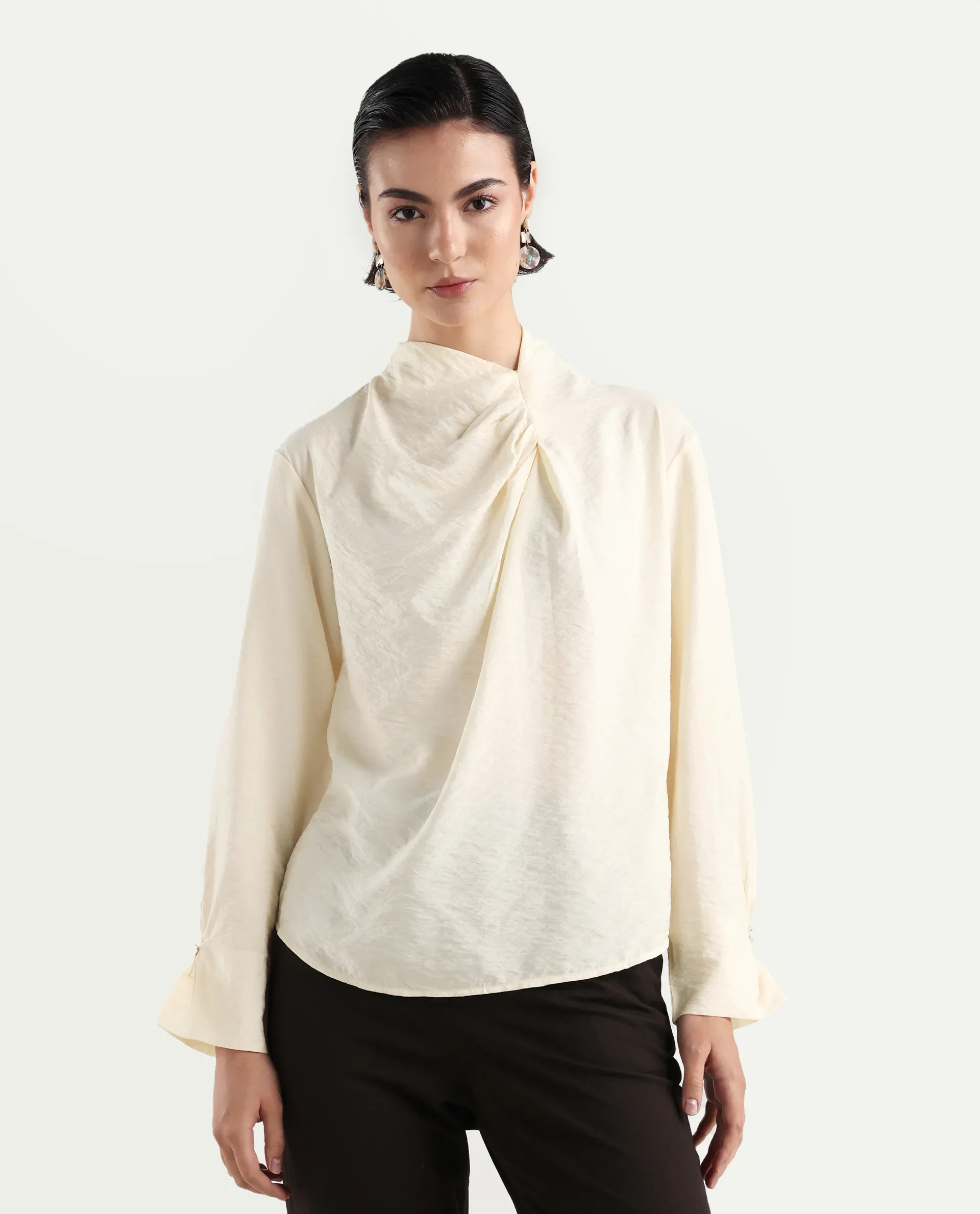 Rareism Women's Xave Beige Nylon Nylon Blend Spread Collar Plain Regular Fit Shirt - Image 3