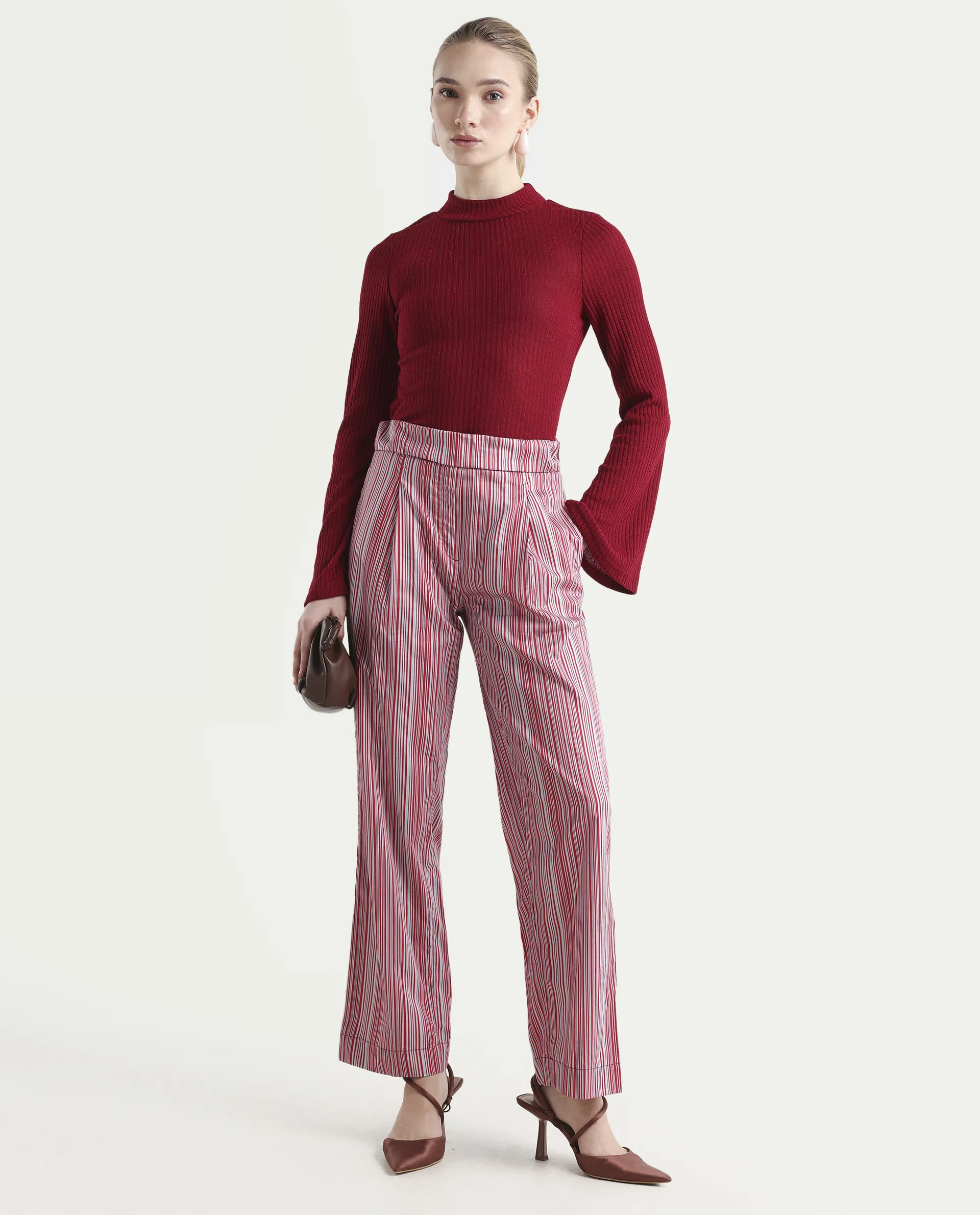Rareism Women's Xavi Maroon Cotton Striped Ankle Length Tailored Trouser