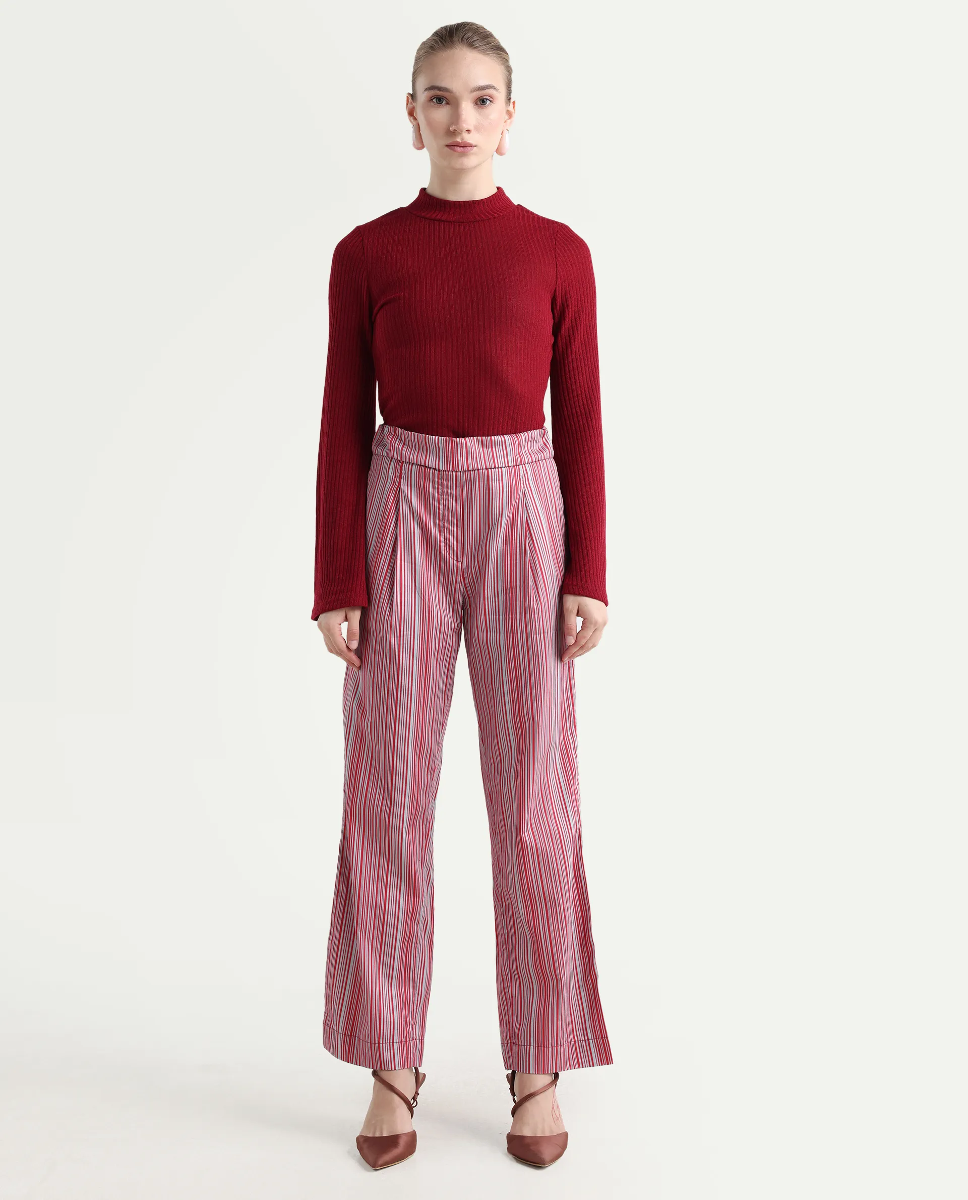 Rareism Women's Xavi Maroon Cotton Striped Ankle Length Tailored Trouser - Image 2