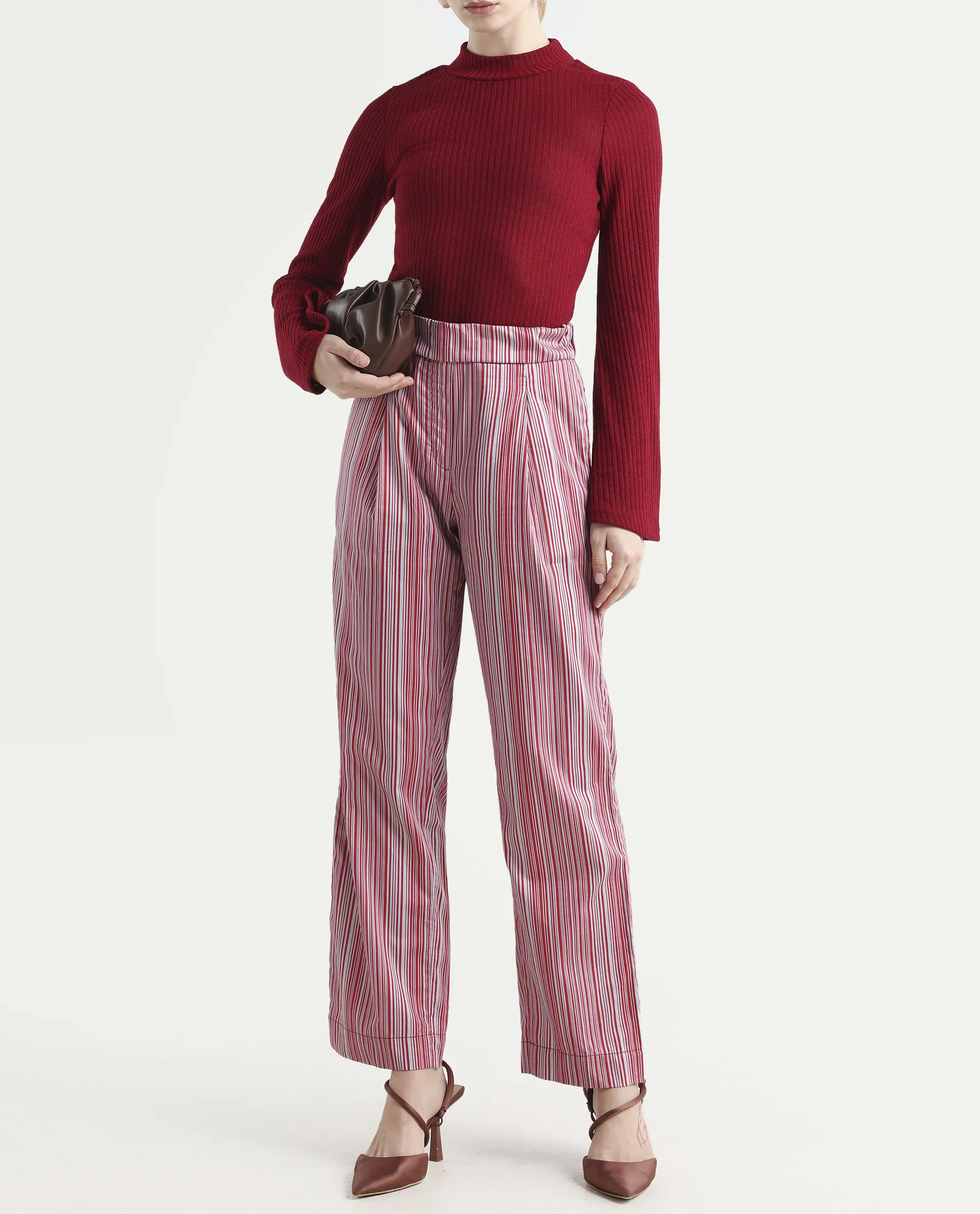 Rareism Women's Xavi Maroon Cotton Striped Ankle Length Tailored Trouser - Image 3