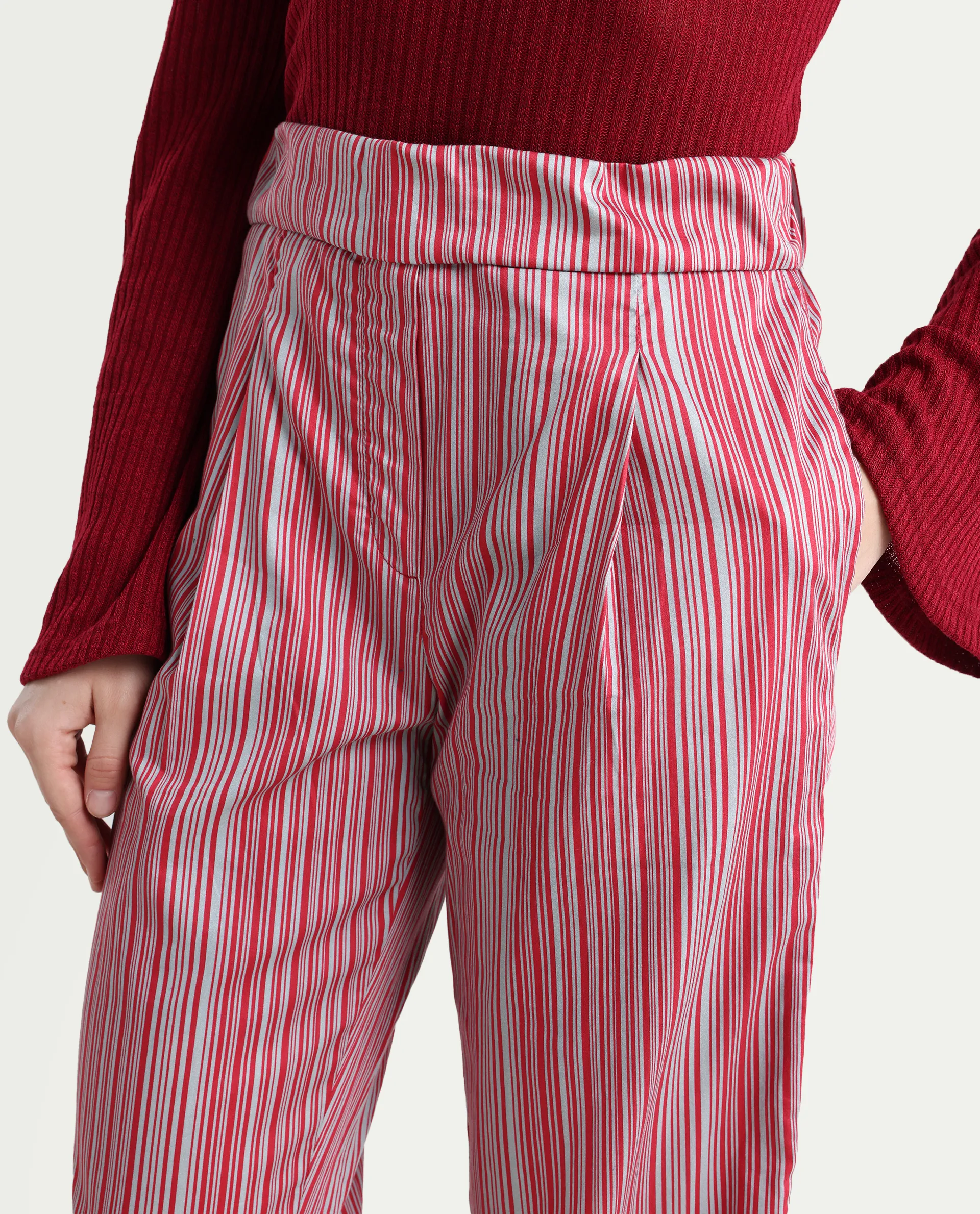 Rareism Women's Xavi Maroon Cotton Striped Ankle Length Tailored Trouser - Image 4