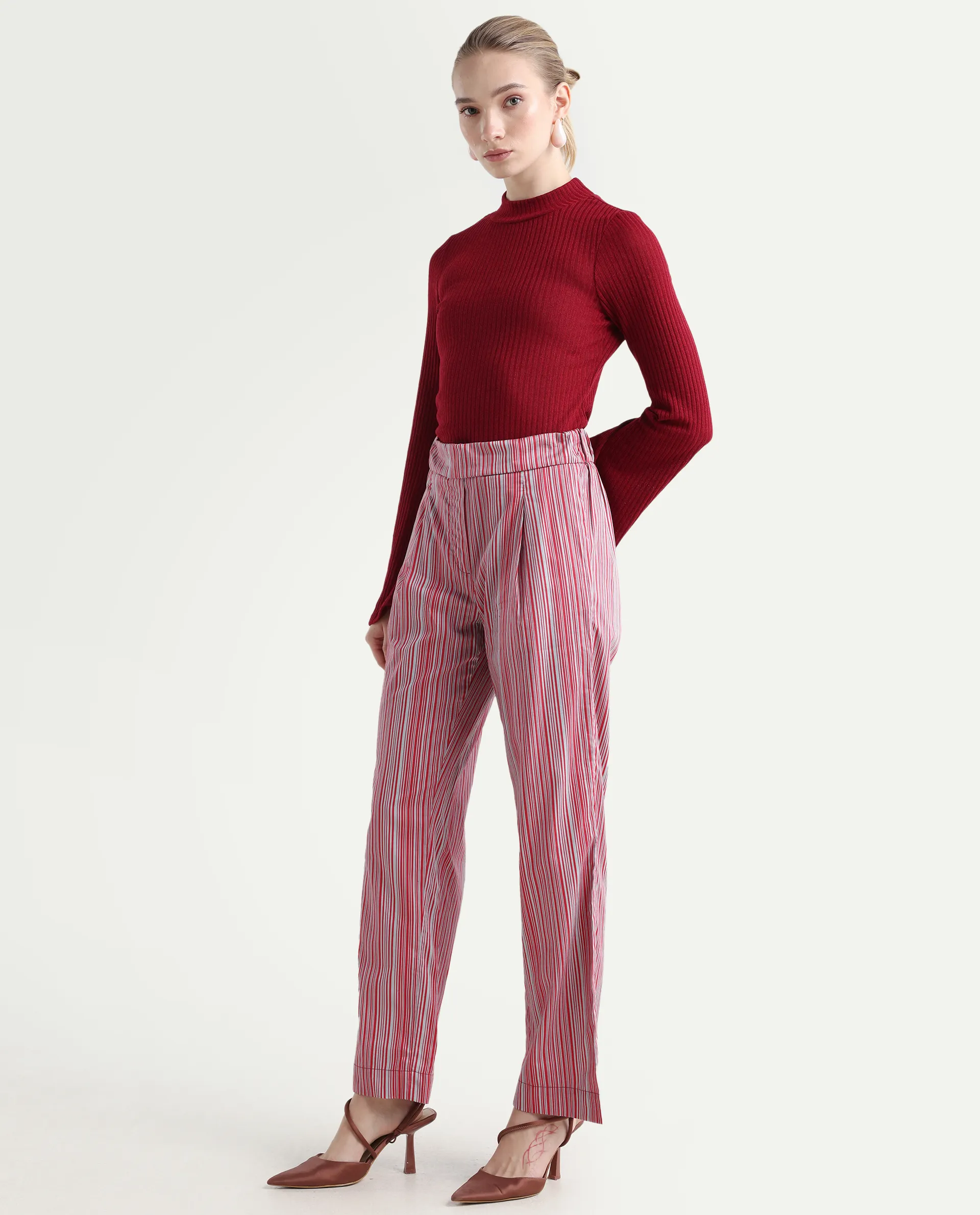 Rareism Women's Xavi Maroon Cotton Striped Ankle Length Tailored Trouser - Image 5