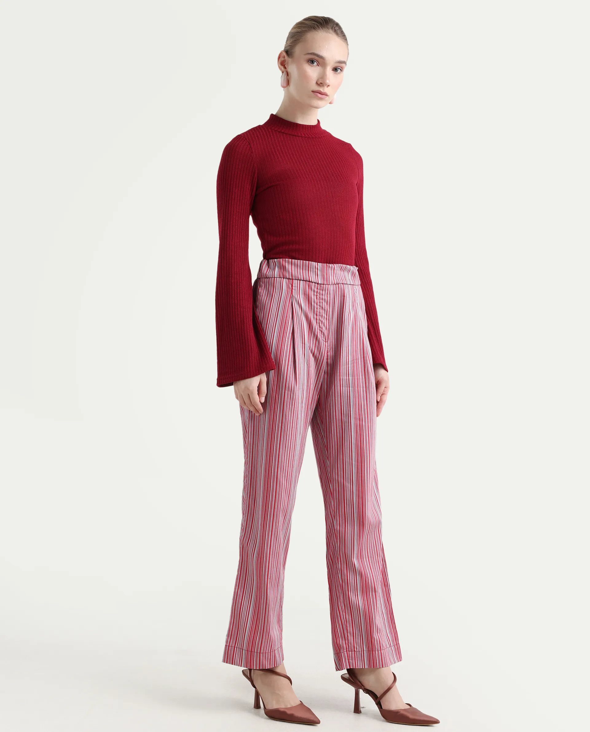 Rareism Women's Xavi Maroon Cotton Striped Ankle Length Tailored Trouser - Image 6