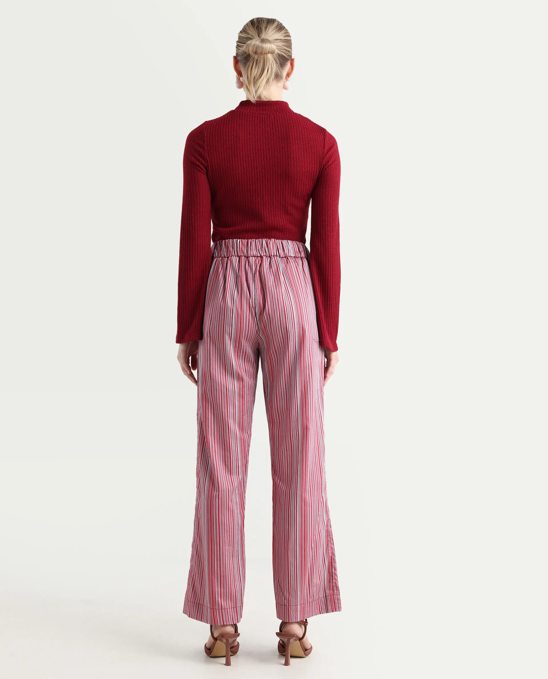 Rareism Women's Xavi Maroon Cotton Striped Ankle Length Tailored Trouser - Image 7