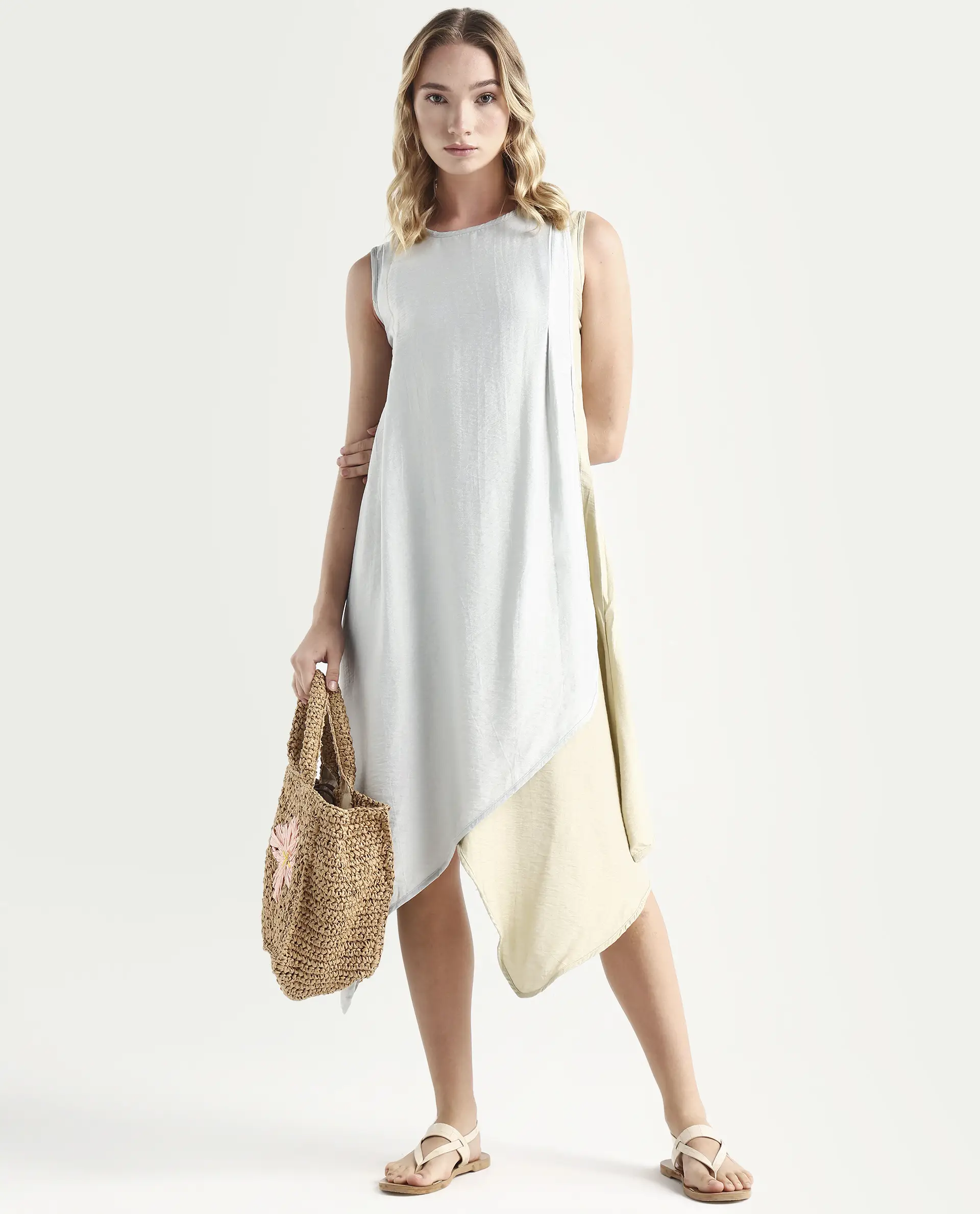 Rareism Women's Xavier Blue Boat Neck Plain Sleeveless Knee Length Regular Fit Dress - Image 2