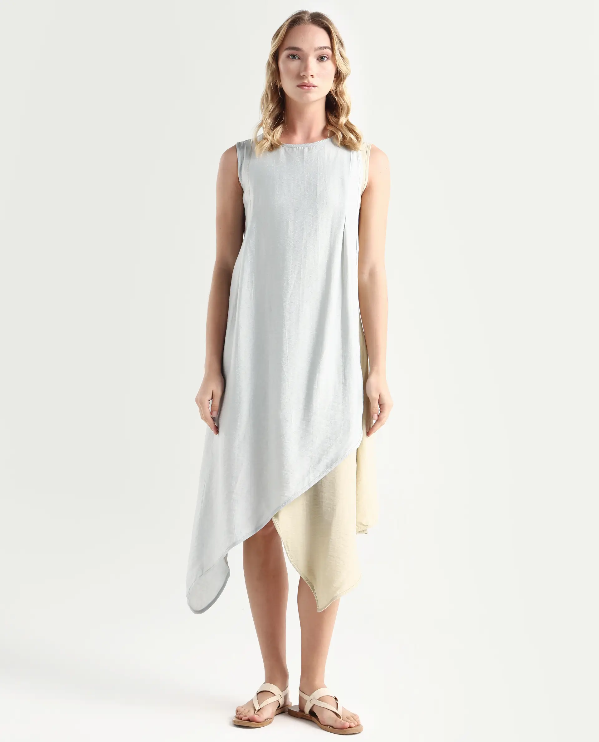 Rareism Women's Xavier Blue Boat Neck Plain Sleeveless Knee Length Regular Fit Dress - Image 3