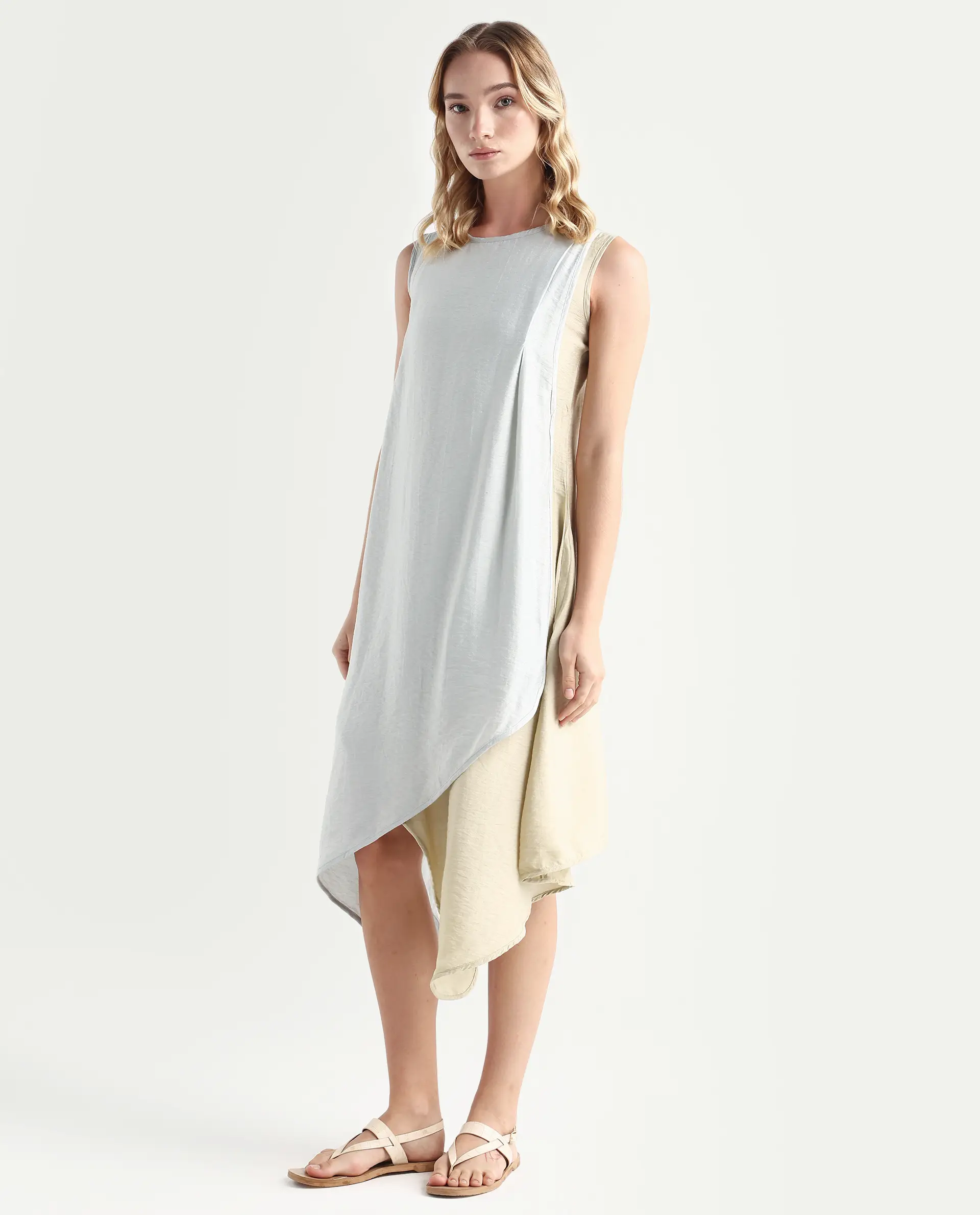 Rareism Women's Xavier Blue Boat Neck Plain Sleeveless Knee Length Regular Fit Dress - Image 5