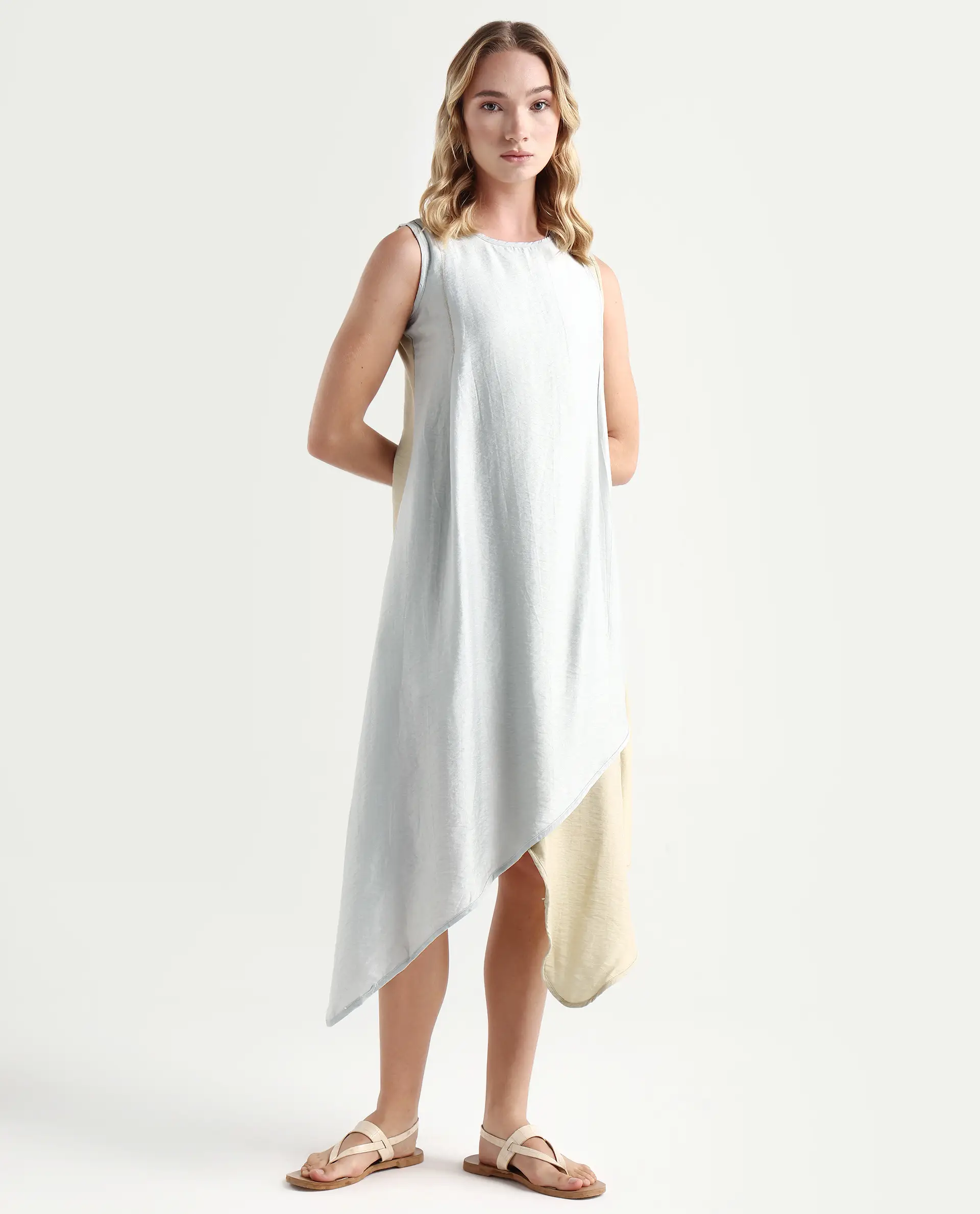 Rareism Women's Xavier Blue Boat Neck Plain Sleeveless Knee Length Regular Fit Dress - Image 6