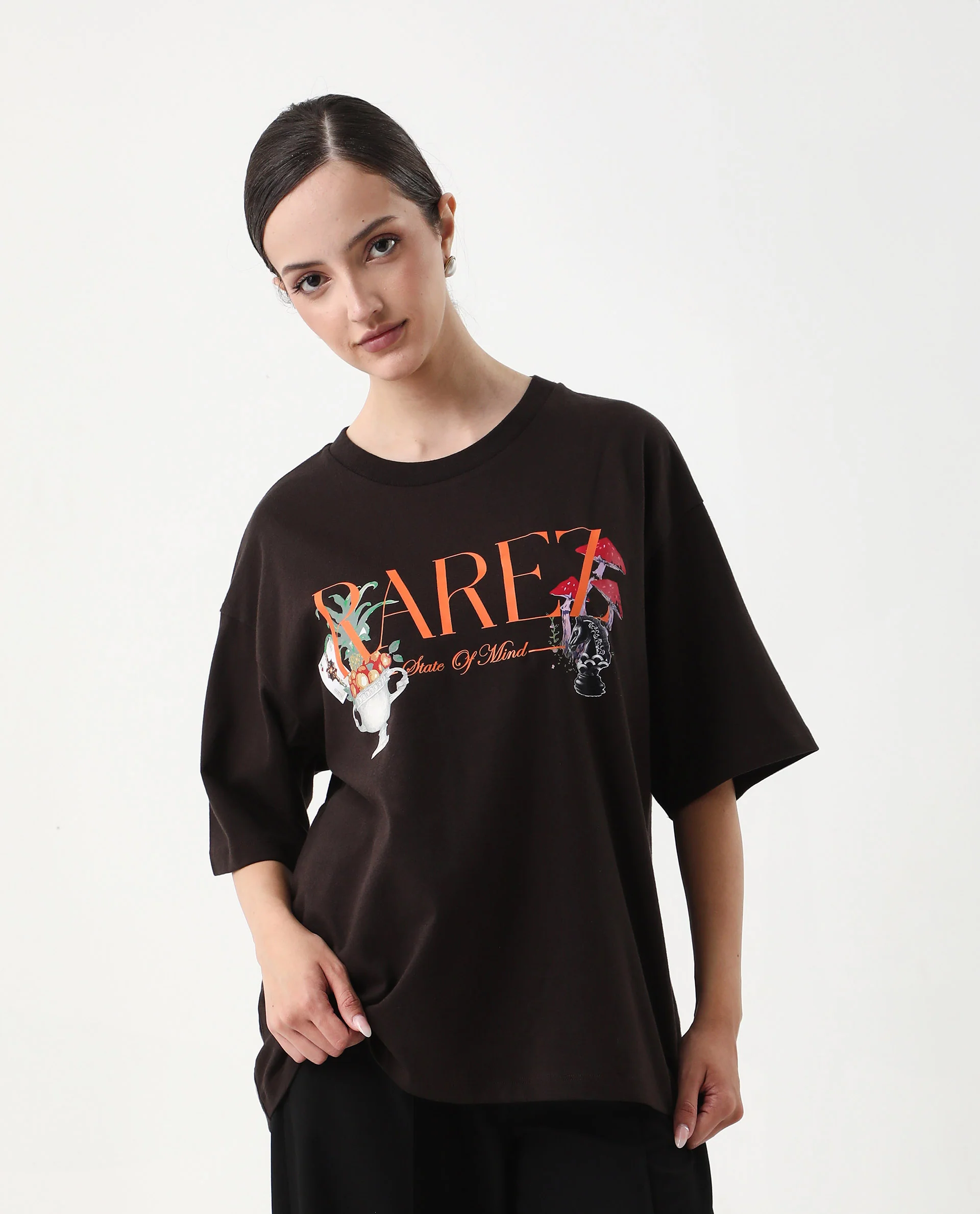 Rareism Women's Xena Brown Cotton Crew Neck Graphic Print Oversized T-Shirt - Image 2