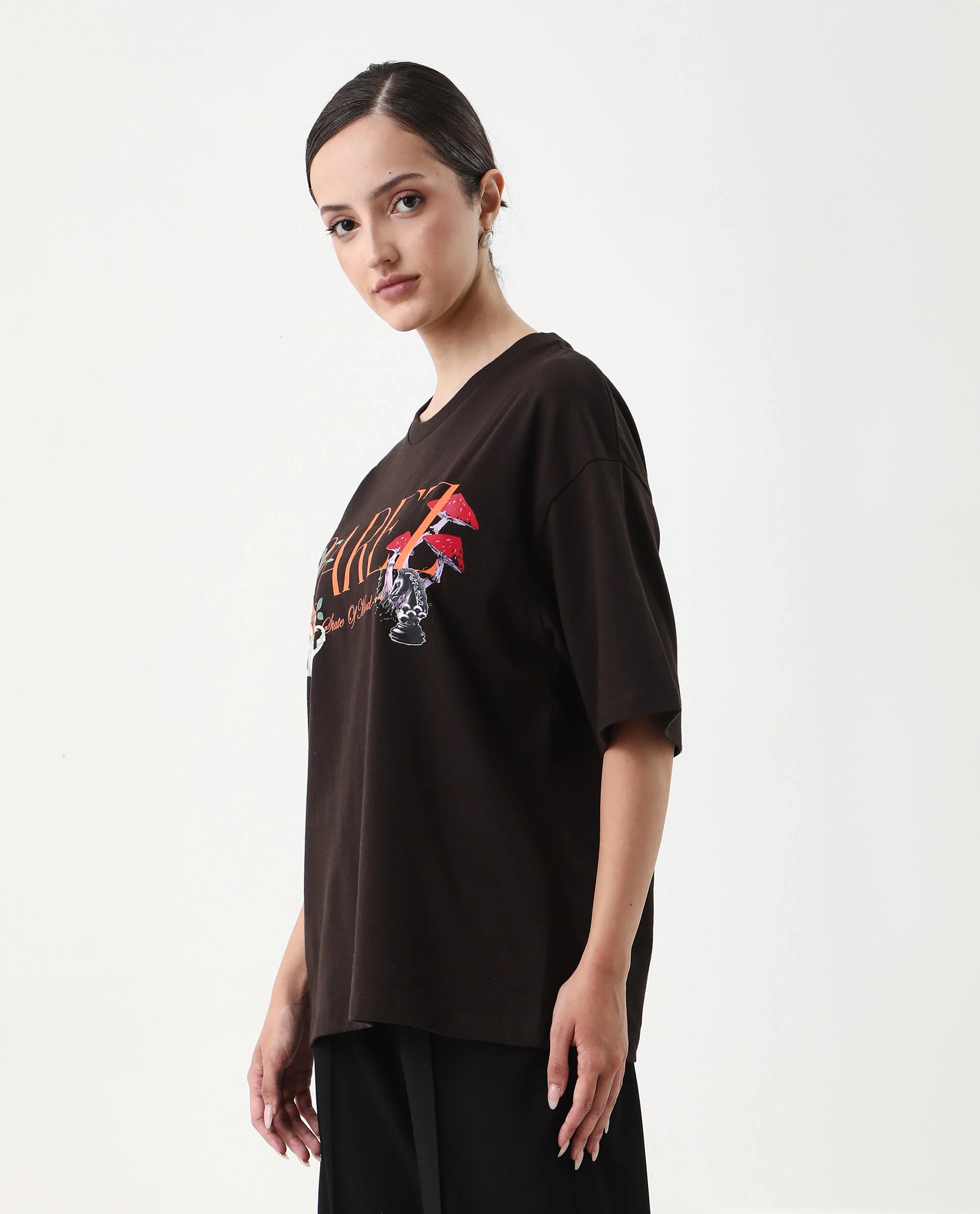 Rareism Women's Xena Brown Cotton Crew Neck Graphic Print Oversized T-Shirt - Image 4