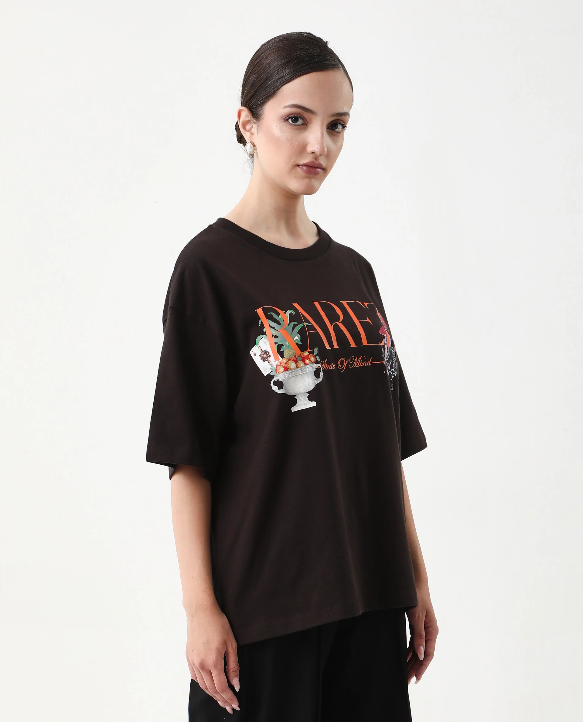 Rareism Women's Xena Brown Cotton Crew Neck Graphic Print Oversized T-Shirt - Image 5