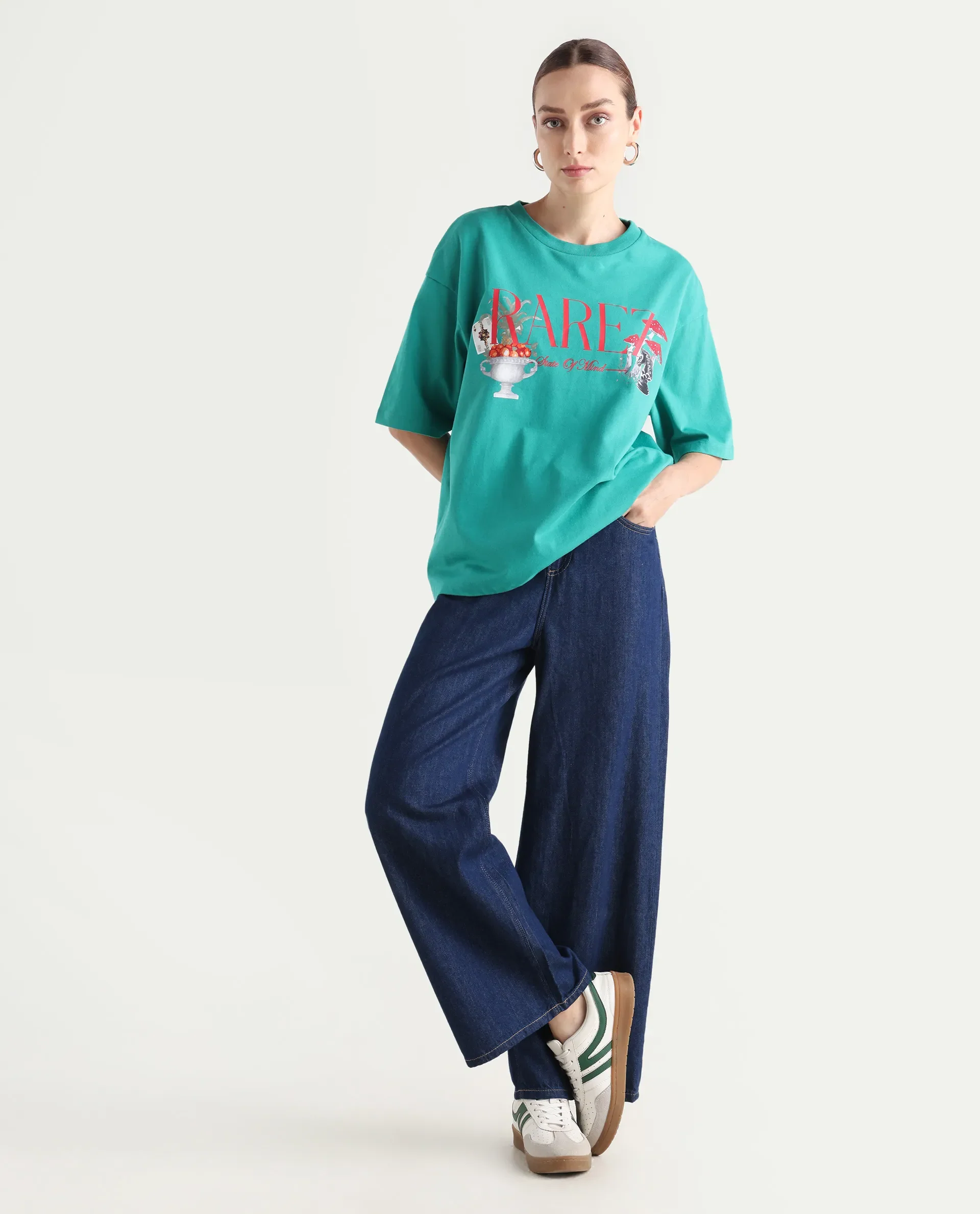 Rareism Women's Xena Green Cotton Crew Neck Graphic Print Oversized T-Shirt - Image 2